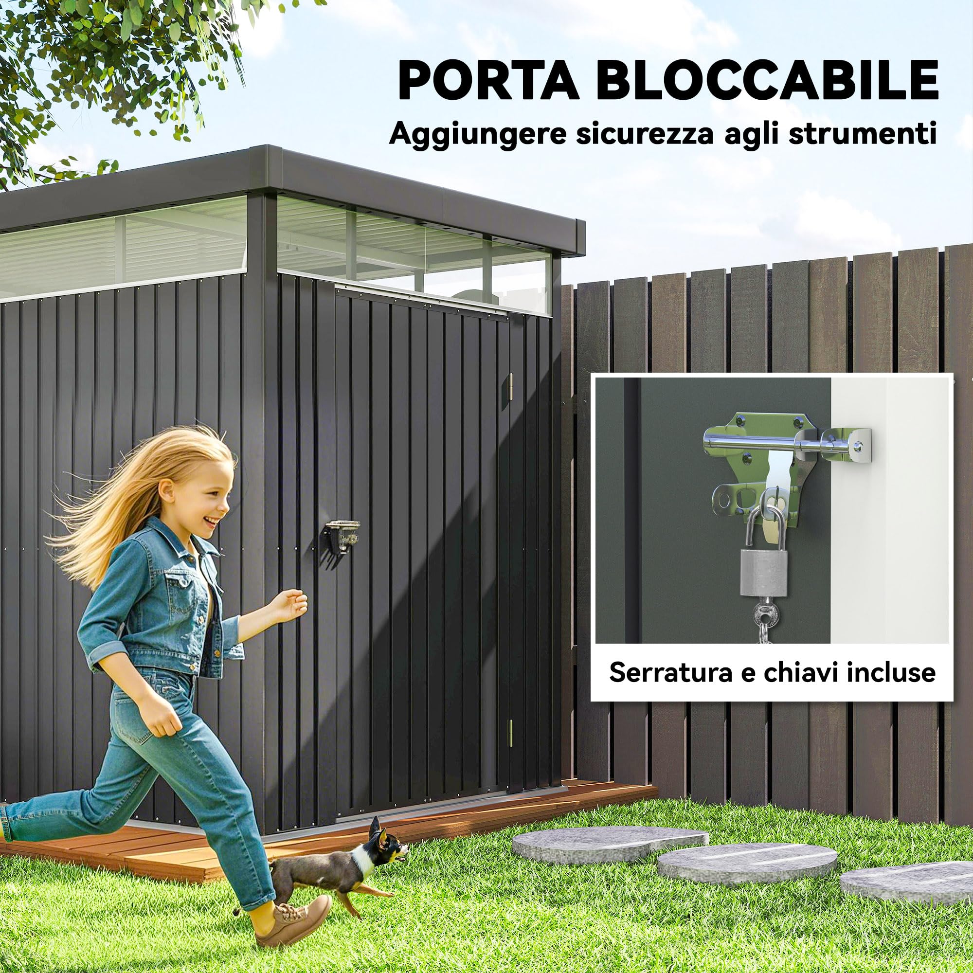 Outsunny Casetta da Giardino 4m² Acciaio Zincato con Fori di Drenaggio Finestre Trasparenti Acrilico Capanno Porta Attrezzi Tetto Grigio Scuro