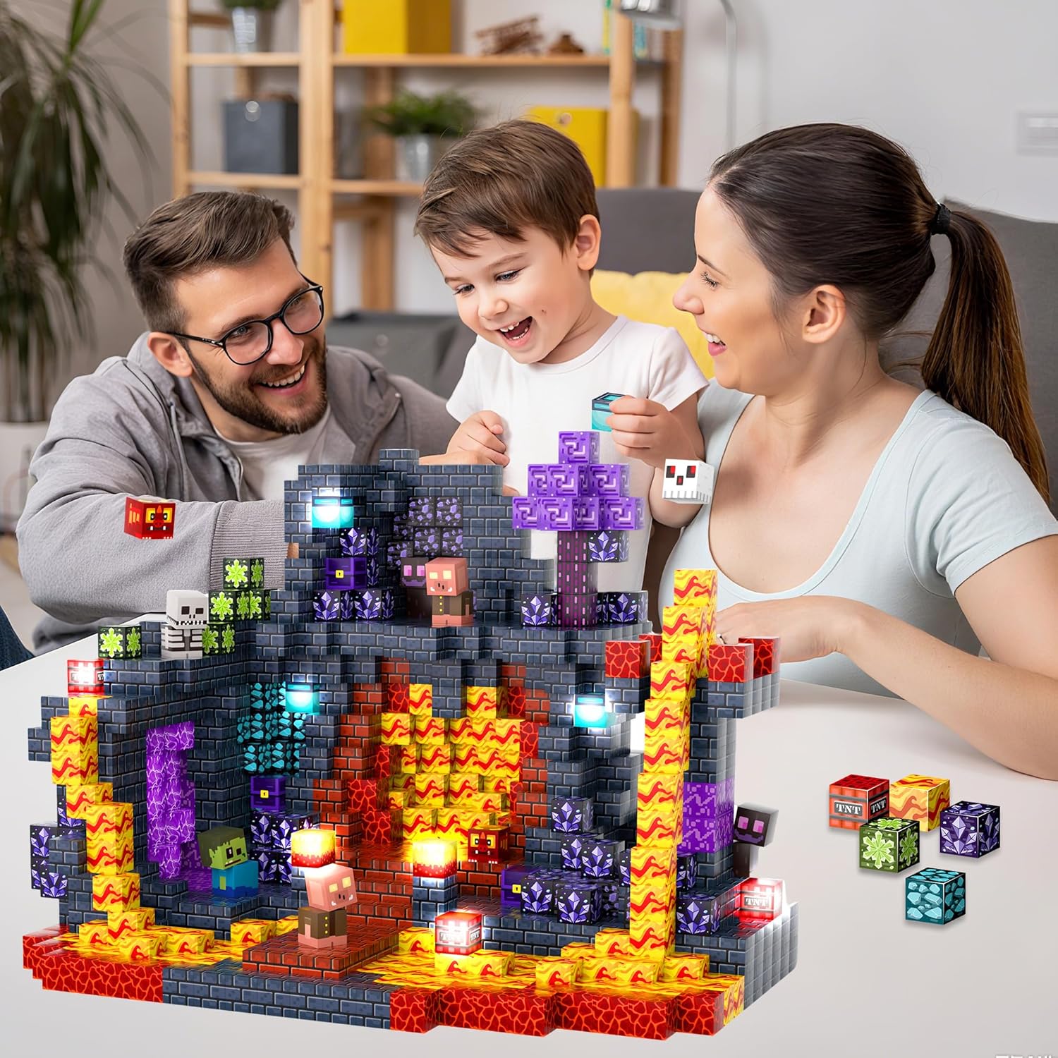 300 PCS Magnetic Building Blocks with Light Cube - STEM Educational Toys with Storage Bag for Kids 3+ (Mine Theme)