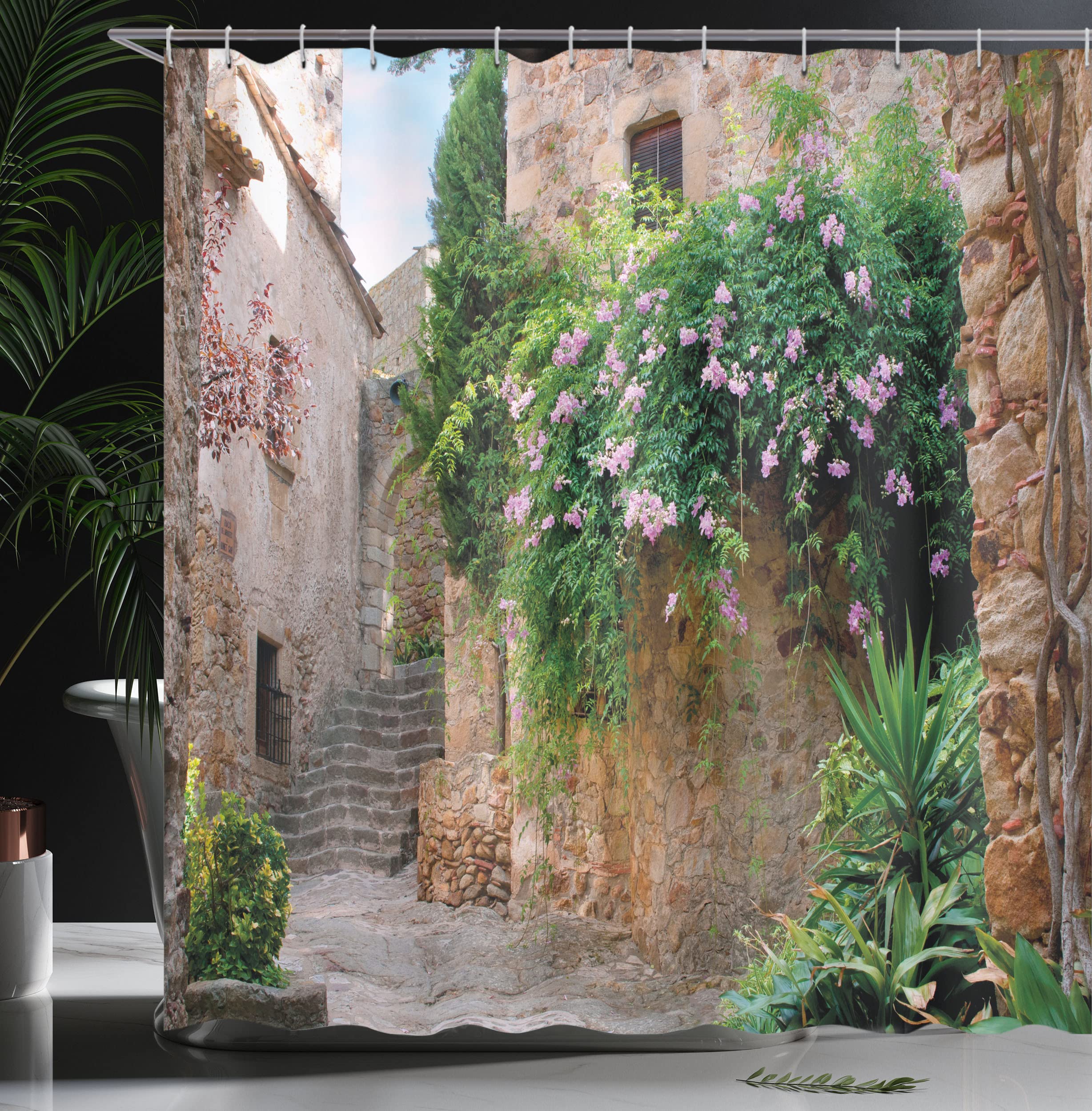 ABAKUHAUS Landscape Shower Curtain, Summer Garden Flowers Marigold Stones Antique House in Spain Art Print - Image 3