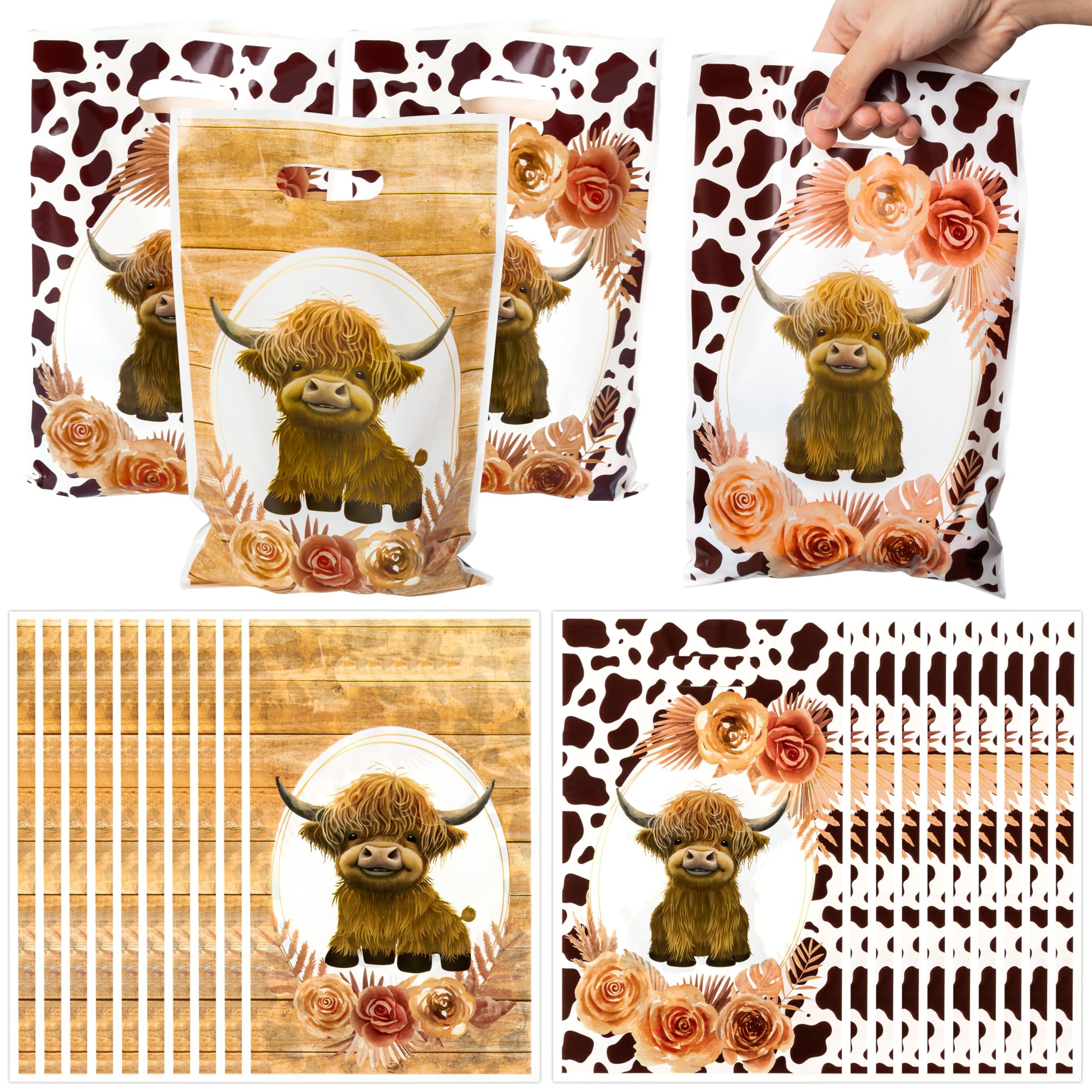 ArianQicult Highland Cow Party Favor Bags - 50Pcs Brown Cow Print Goody Candy Treat Gifts Bags, Highland Cattle Themed Party Decorations for Kids