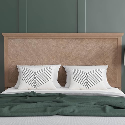 Miniatura 4 de EMMA + OLIVER Frenti Cabecero de madera de tamaño completo, cabecero ajustable con patrón de espiga en color marrón claro