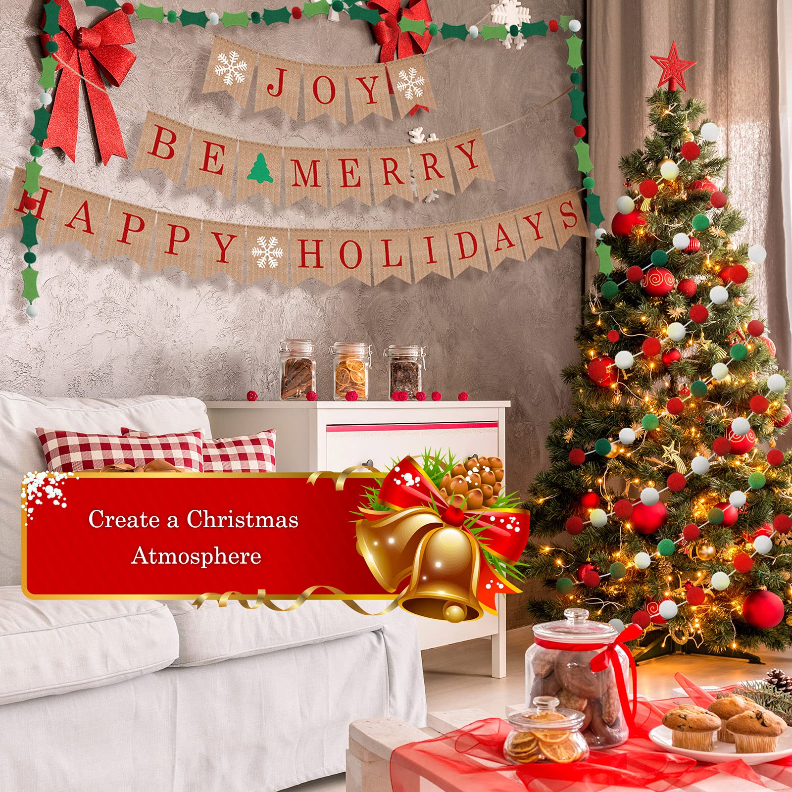 Banner de arpillera de Navidad de fieltro Pom Garland Banner Be Merry Bunting Banner Happy Holidays Banner Joy Bunting Banner para vacaciones de cumpleaños, decoración de aniversario