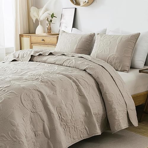 Miniatura 4 de Juego de ropa de cama de damasco beige tamaño California California King con 2 fundas de almohada, colcha bohemia de gran tamaño, ligera, suave,