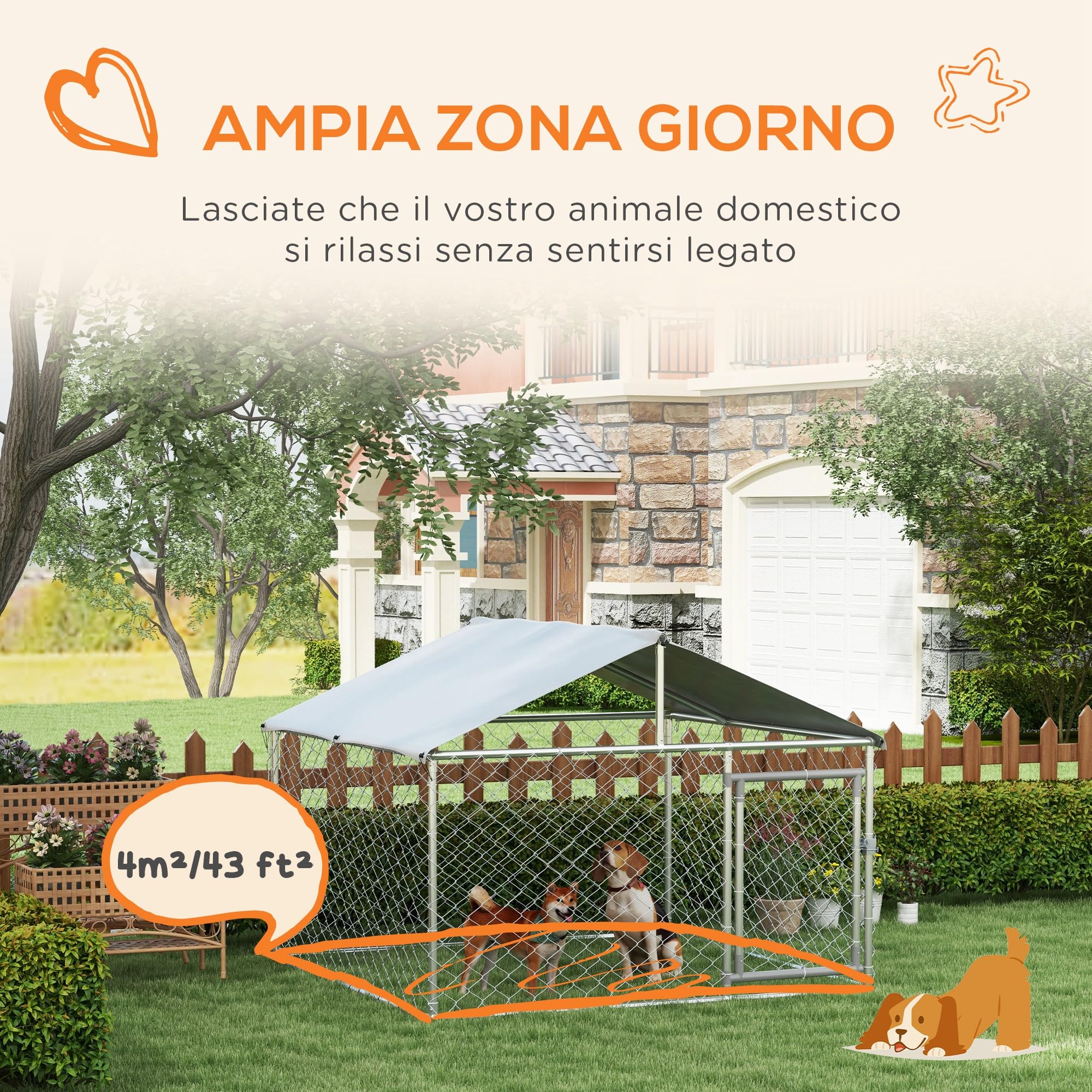 PawHut Kennel Grande per Cani da Esterno, 200x200x150cm, Argento e Grigio