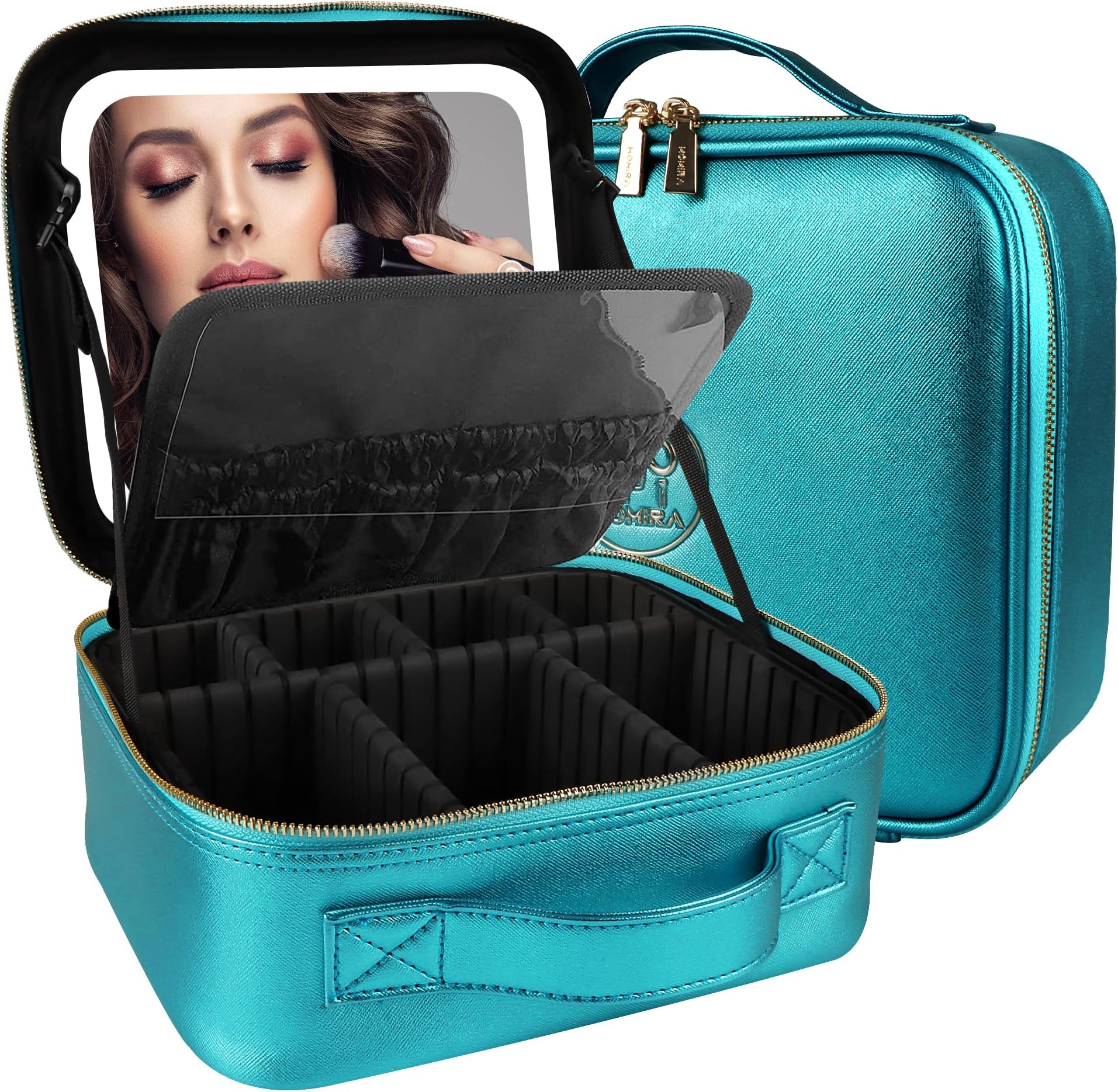 MOMIRA Travel Makeup Bag Cosmetic Bag Makeup Organizer Bag with Lighted Mirror, Adjustable Brightness in 3 Color Scenarios, Waterproof Makeup Train Case, Gift for Women, Z-Brilliant Blue, Small
