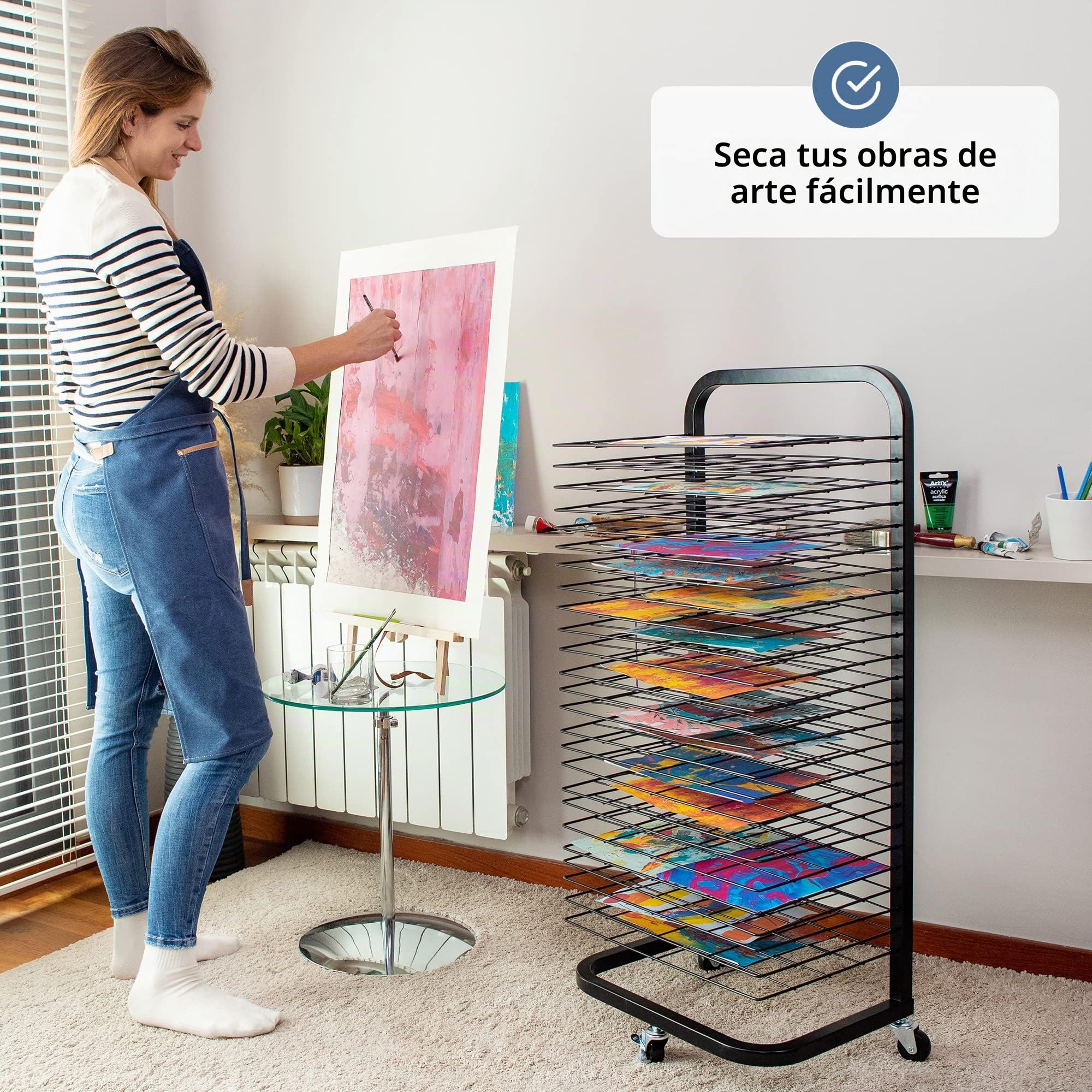 ODOXIA Estante De Secado De Arte para El Aula | Mantiene Las Obras De Arte Limpias | Estante De Secado De Pintura | con Ruedas | Bandejas Extraíbles Apilables para Pinturas, Dibujos Y Más