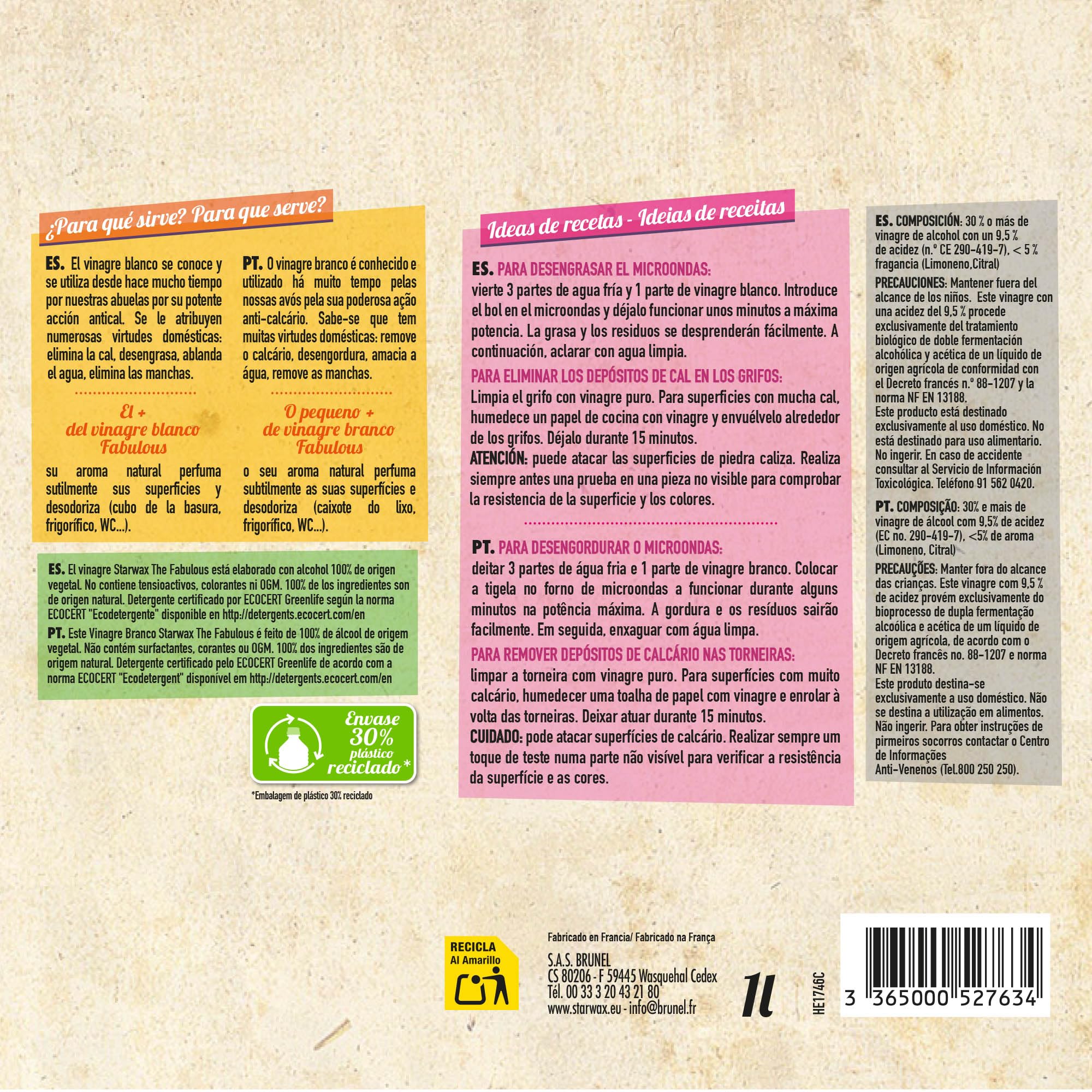 STARWAX THE FABULOUS Vinagre Blanco 14° Muy Concentrado 1L Elimina Cal Limpia Abrillanta 100% Natural