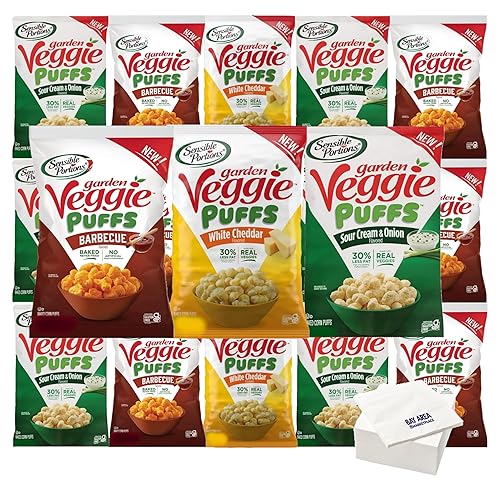 Sensible Portions - Paquetes de bocadillos de verduras de jardín, bolsas de una sola porción, paquete de 12 (variedad Veggie Puffs) con servilletas
