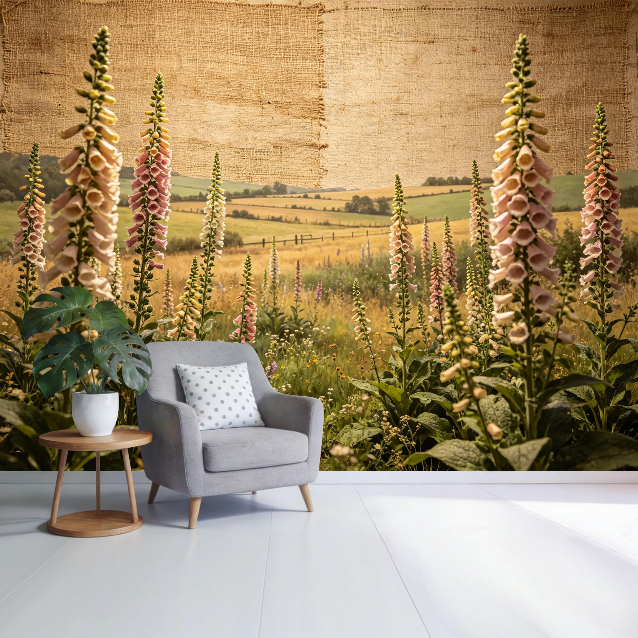 Custom Size Wall Mural Botanical Countryside Foxglove Field Rustic Burlap Texture Landscape SelfAdhesive Wall Fabric Removable Wallpaper for Home Office Decor