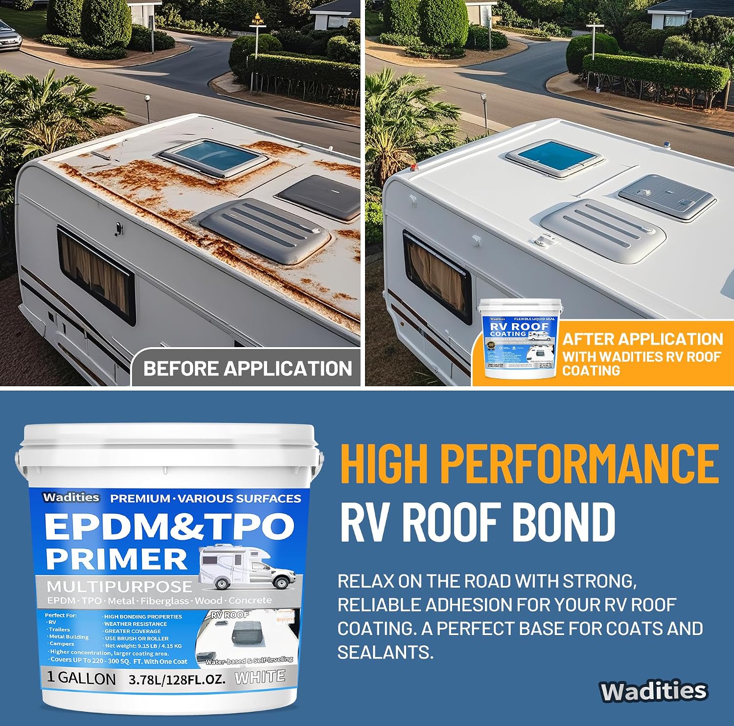 Wadities EPDM and TPO Primer White, Multi-Purpose RV Roof Primer, Use on Rubber, Wood, Fiberglass, Concrete, Metal, High-Performance Basecoat for RV, Camper and Trailer Roof Protection - 1 Gallon