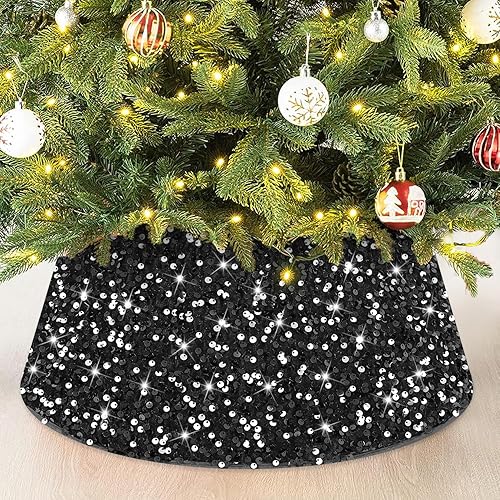 Collar de árbol de Navidad negro de 23.6 pulgadas de diámetro, base de lentejuelas brillantes, anillo de árbol de Navidad para falda de árbol
