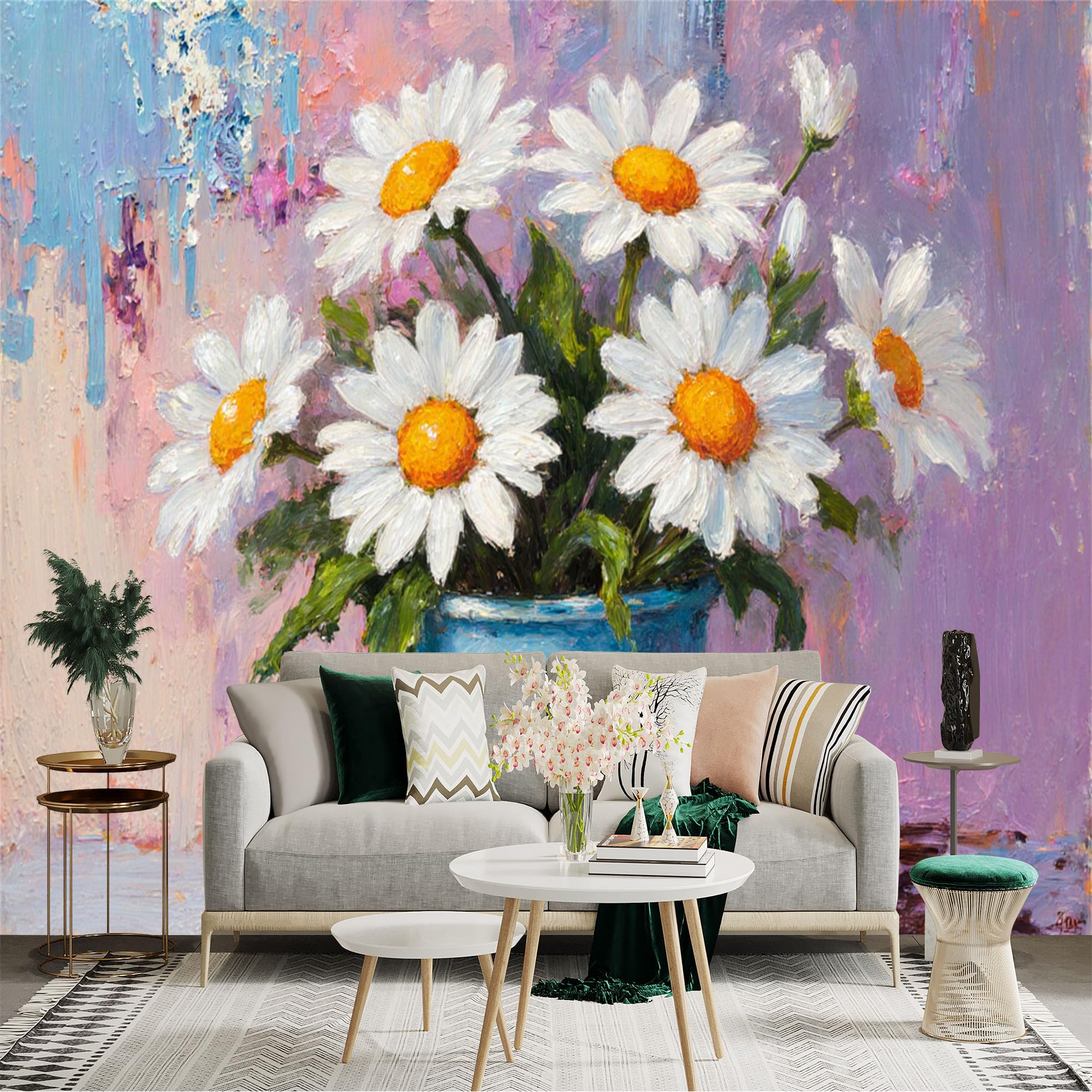 Custom Size Wall Sticker Mural， Impressionist Oil Painting of White Daisy Flowers， Rustic Blue Ceramic Vase， Artistic Floral Still Life， for wall Decoration， peelandstick wall Decals.