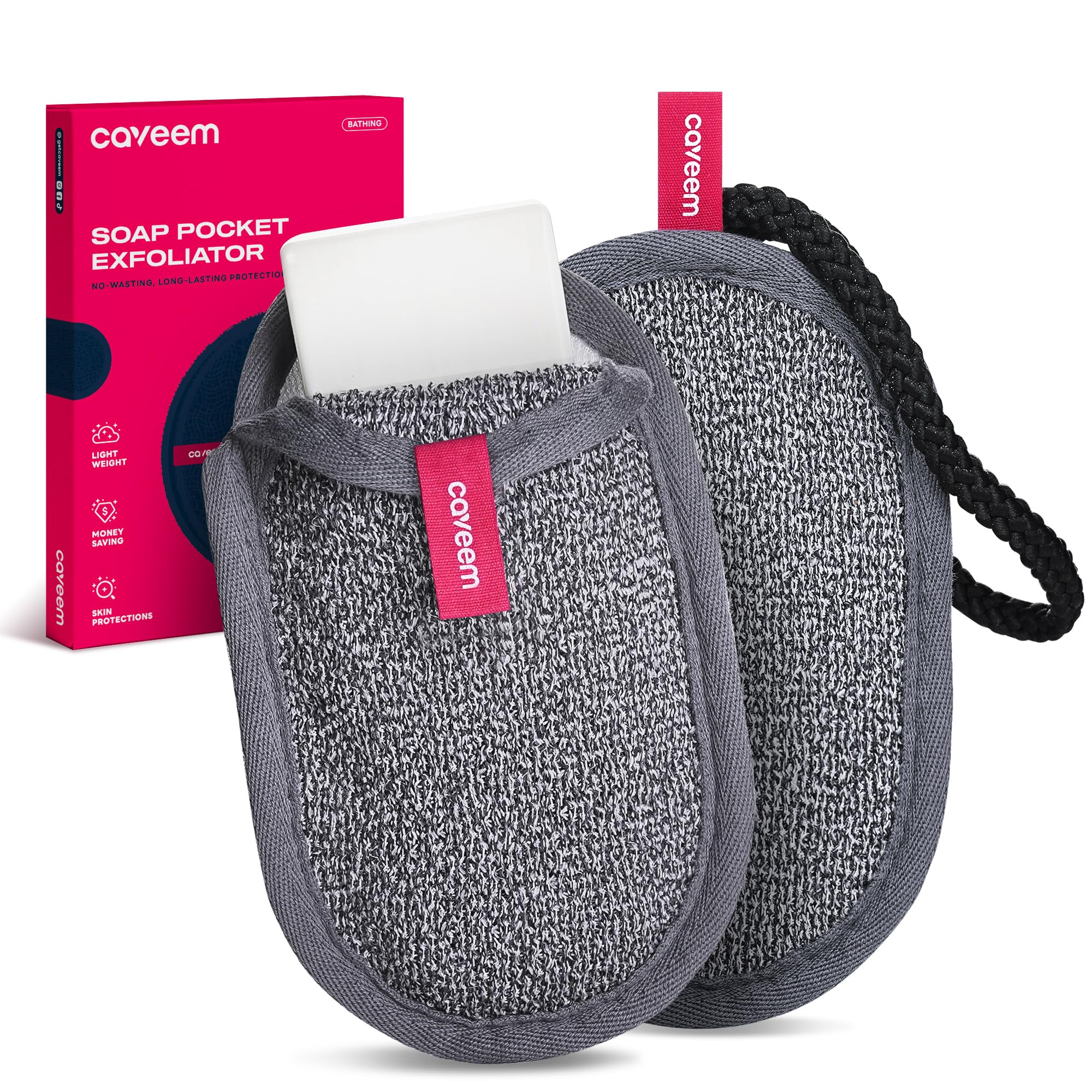CAVEEM Seifensäckchen, Sanfte Peeling-Oberfläche, Seifennetzsäckchen zur Körperreinigung, Badebeutel mit Henkel für Dusche und Bad (2er Pack)