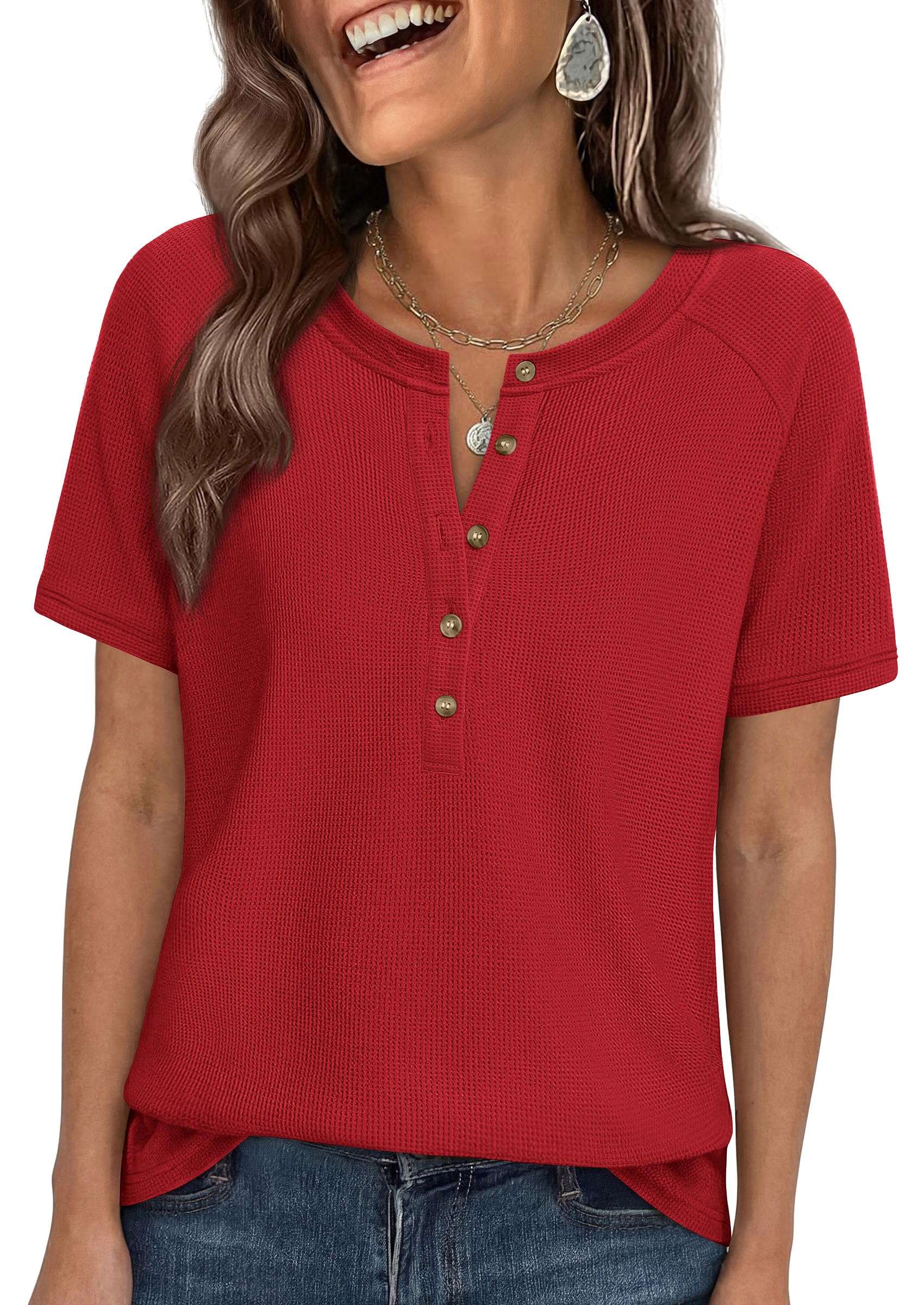 PRETTYGARDEN Waffle Knit Tops for Women Short Sleeve Henley Shirts 2026 Summer Blouses Dressy Casual Spring Fashion Clothes