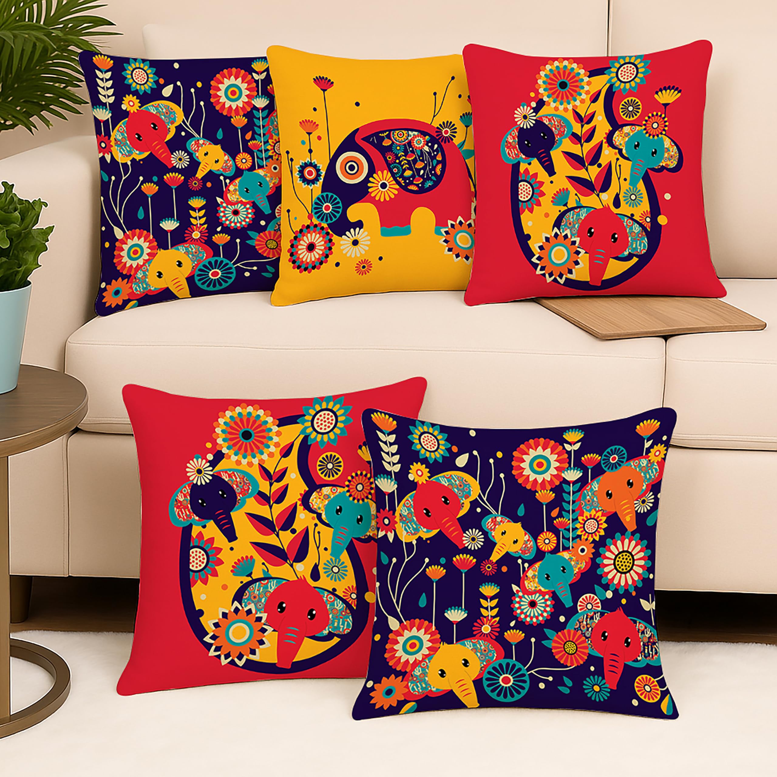 Amazon Brand β Umi Unique Cute Elephant Cartoon Blue Printed Jute Cushion Covers, Set of 5 (18 x 18 Inches)