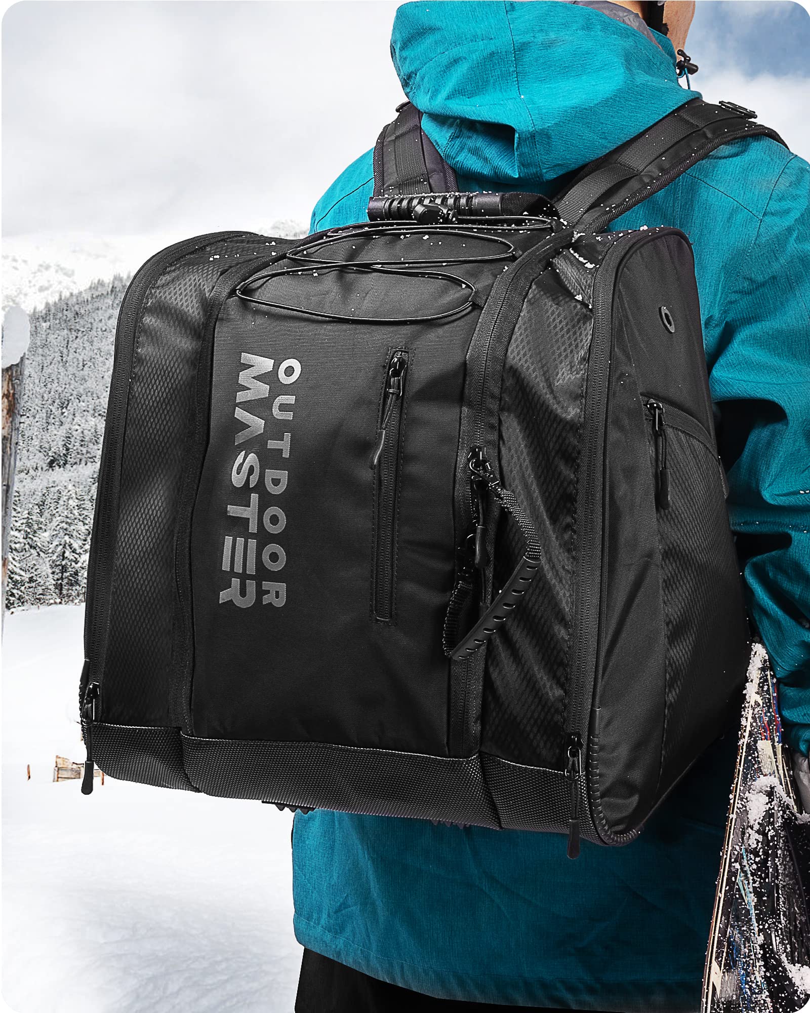 OutdoorMaster Borsa per scarponi da sci da 38 litri, zaino da viaggio per scarponi da snowboard con fondo impermeabile per casco da sci, occhiali e guanti