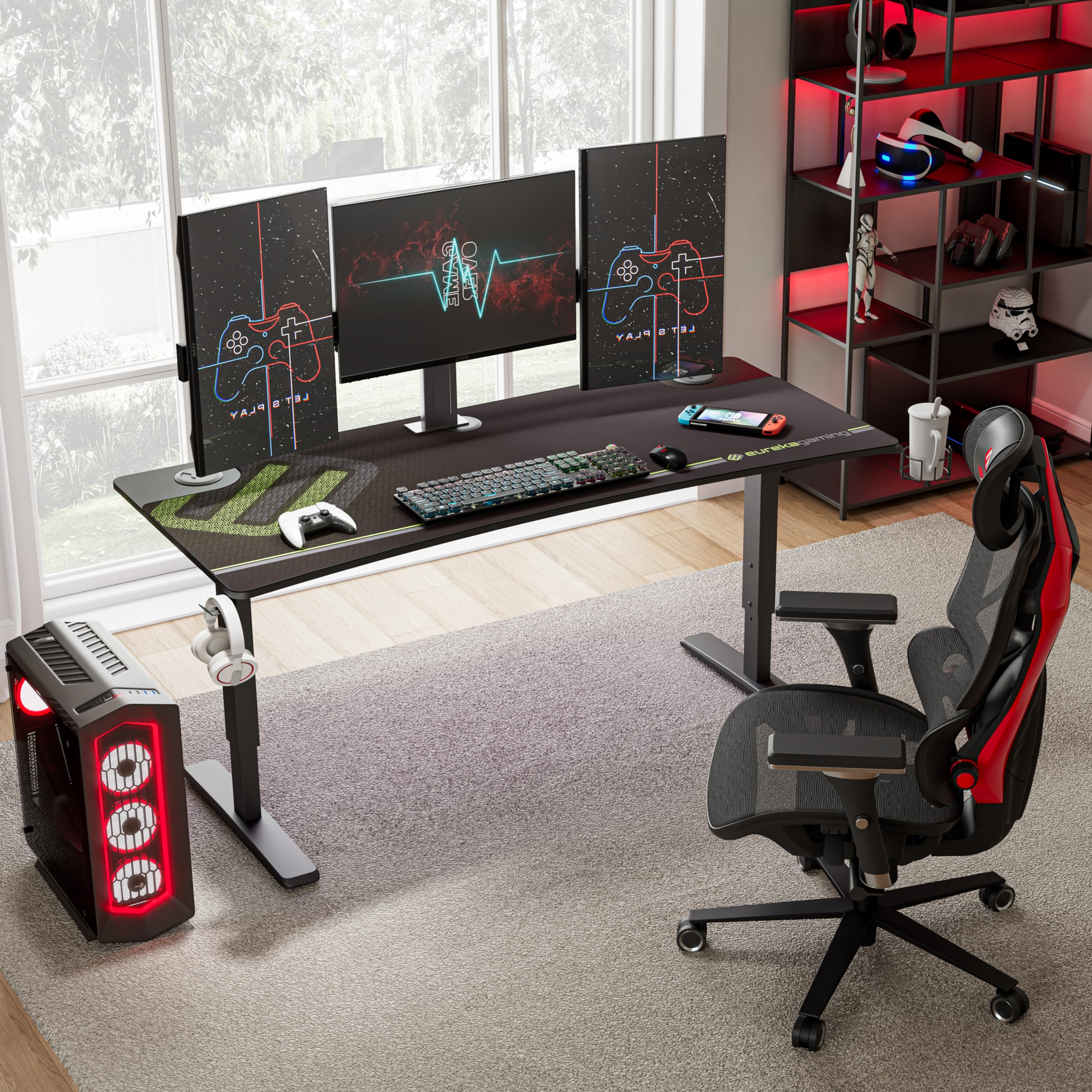 EUREKA ERGONOMIC Gaming Standing Desk 63 Inch Computer Desk Height Adjustable Desk Mechanical Adjustment Large Manual, Home Office Dual 3 Monitor Curved Edge Desk Mouse Pad Controller Stand Table