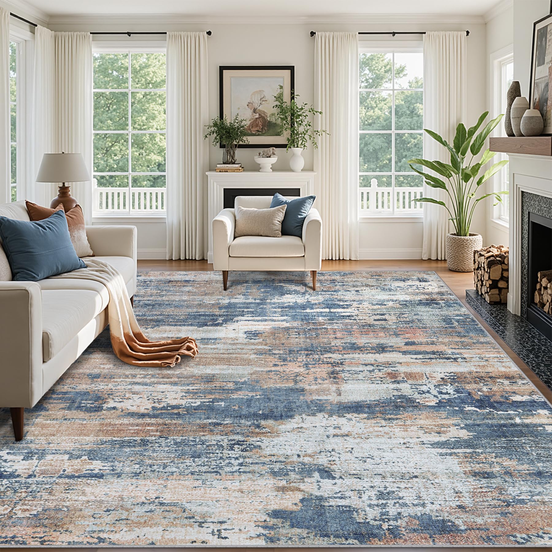 Area Rugs 9x12 Living Room: Large Machine Washable Area Rug with Non Slip Backing Non Shedding Abstract Stain Resistant Carpet for Bedroom Dining Room