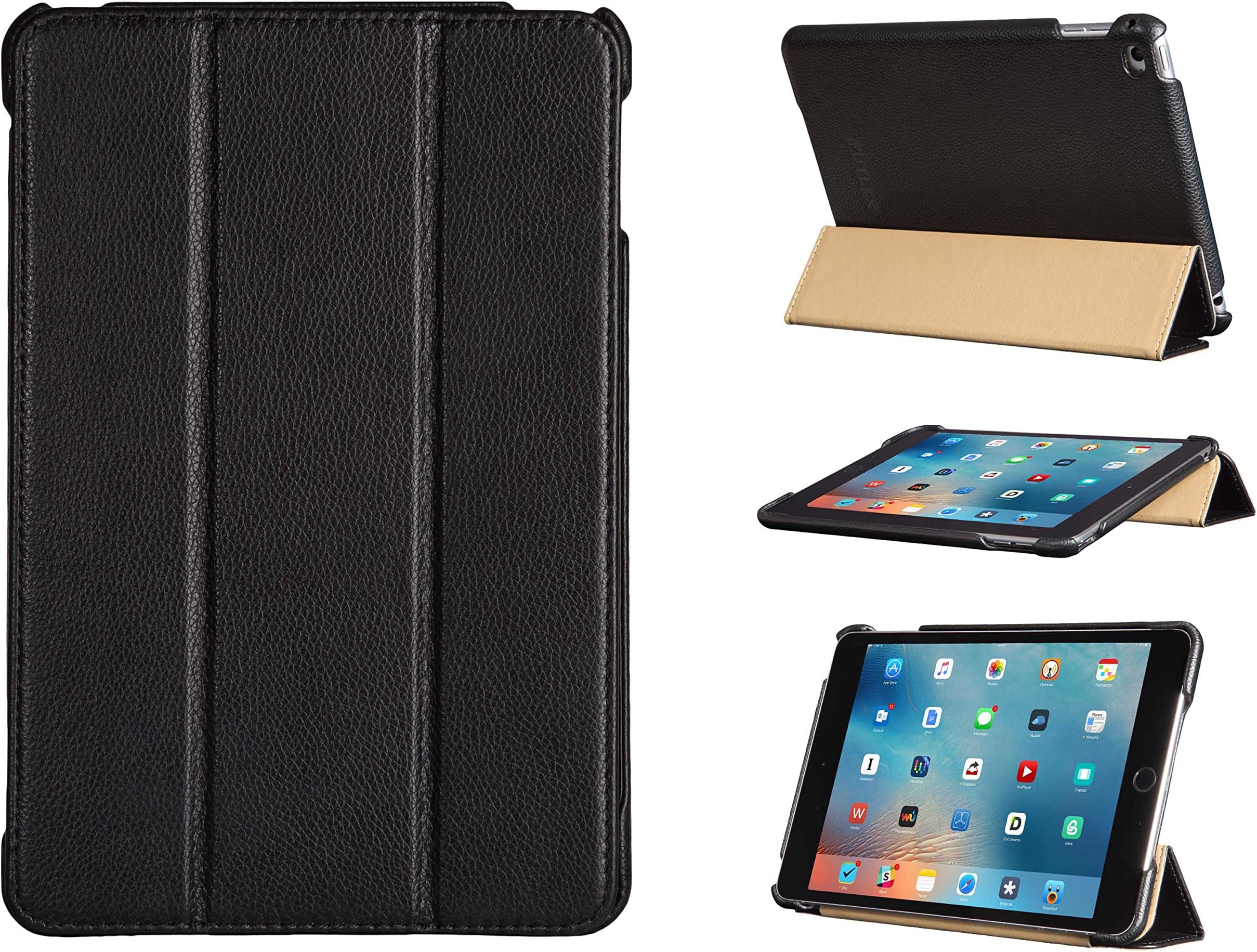 FUTLEX Genuine Leather Smart Cover Case Compatible with iPad Mini 4 (2015) - Black - Multiple Stand Position - Auto Wake/Sleep Function