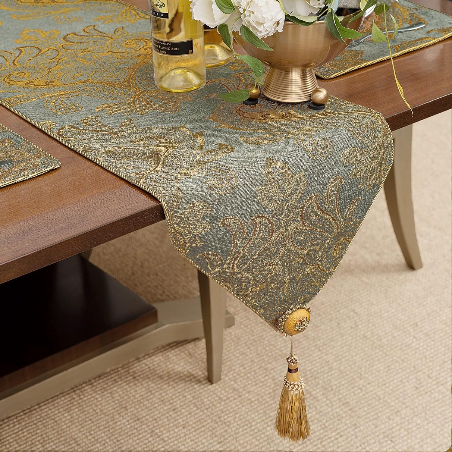 Loom and Mill Luxury Table Runner 90 inches Long Bundles 4 PCS Modern Damask Jacquard Table Place Mats, Handmade Multi-Tassels & Double-Layer, Perfect for Dining Table Dresser Party Banquet Decoration