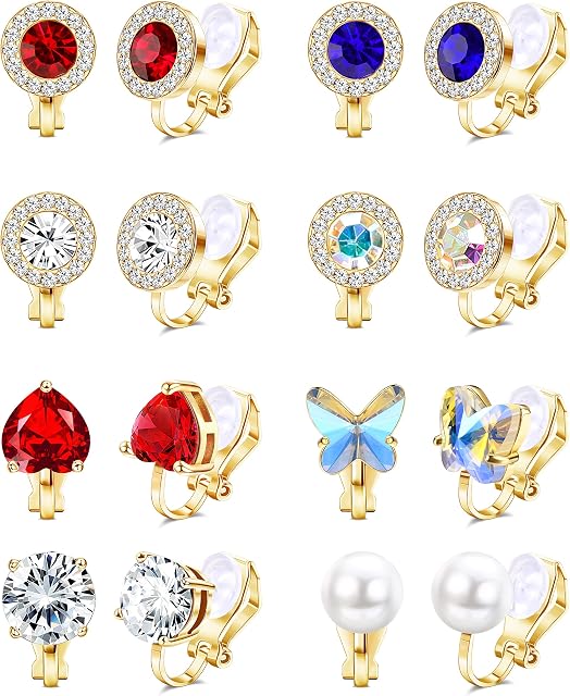 JeryWe 8 Pairs Clip On Earrings for Women Round Heart Shape Butterfly Cubic Zirconia Freshwater Pearl Hypoallergenic Non Pierced Clipon Earrings Jewelry