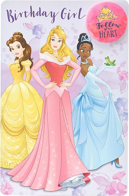 Disney Princess Birthday Girl Card with Princess Badge - Sleeping Beauty Birthday Girl Birthday Card - Birthday Girl Card with Badge - Princess Tiana Birthday Card - Princess Birthday Card with Badge