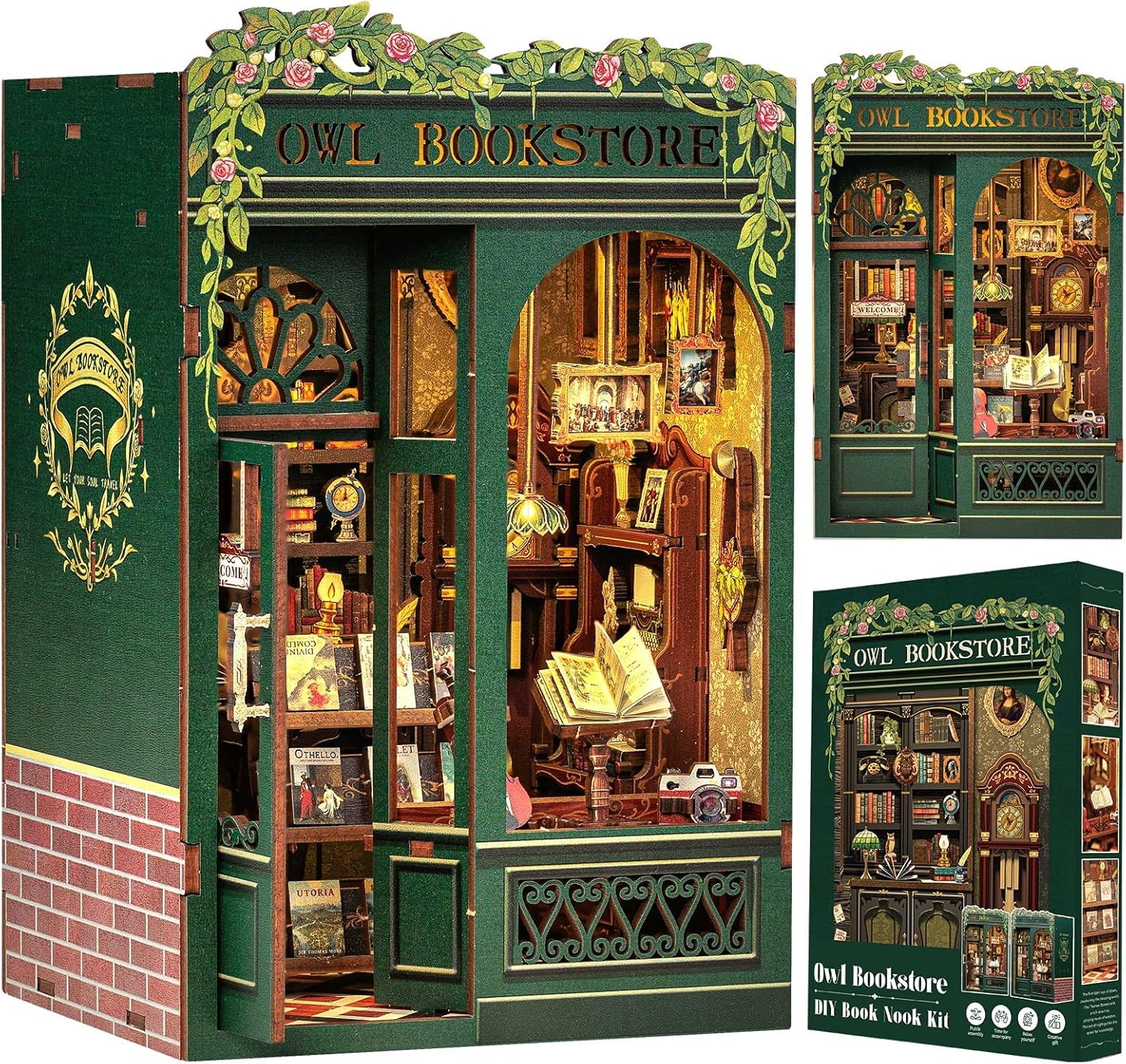 Shrevi 3D Wooden Booknook Book Nook Puzzle Kit DIY Miniature House Kit for Adults, Teens & Beginners, Dollhouse Model Building Kit, Tiny House Library Bookshelf Insert Decor (Owl Bookstore) 4