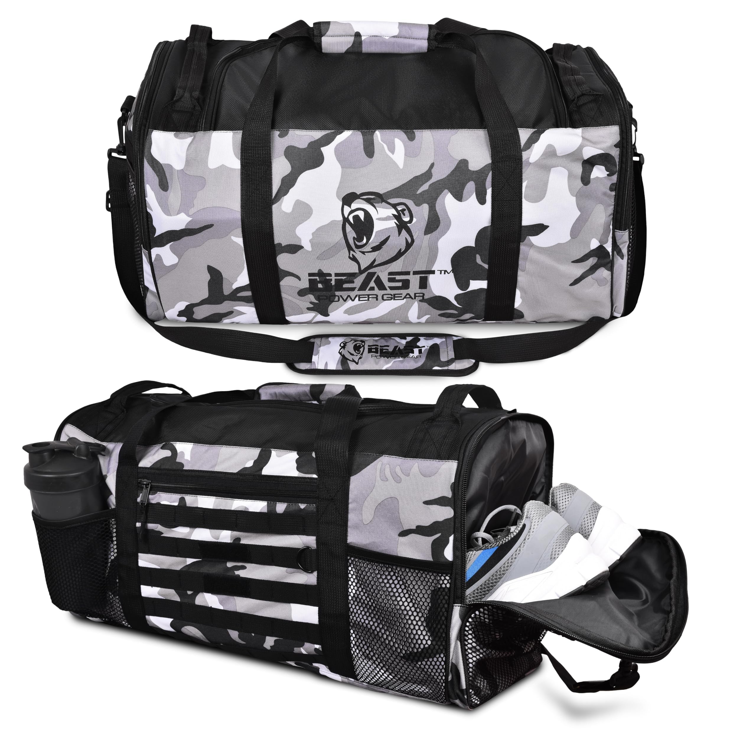 Unisex Duffel Bag Gray Camo, Extra Roomy Waterproof Gym Bag For Women with Shoe Compartment, Sports Bag with Zippered Pockets, Adjustable Strap
