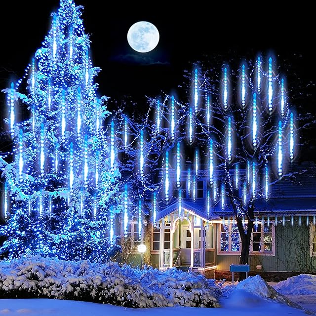 Meteor Shower Lights Christmas Tree Lights Outdoor LED Falling Rain Lights 30cm 8 Tubes Icicle Snow Raindrop String Lights for Christmas Trees Holiday Decoration Wedding Party Patio Garden (Blue)