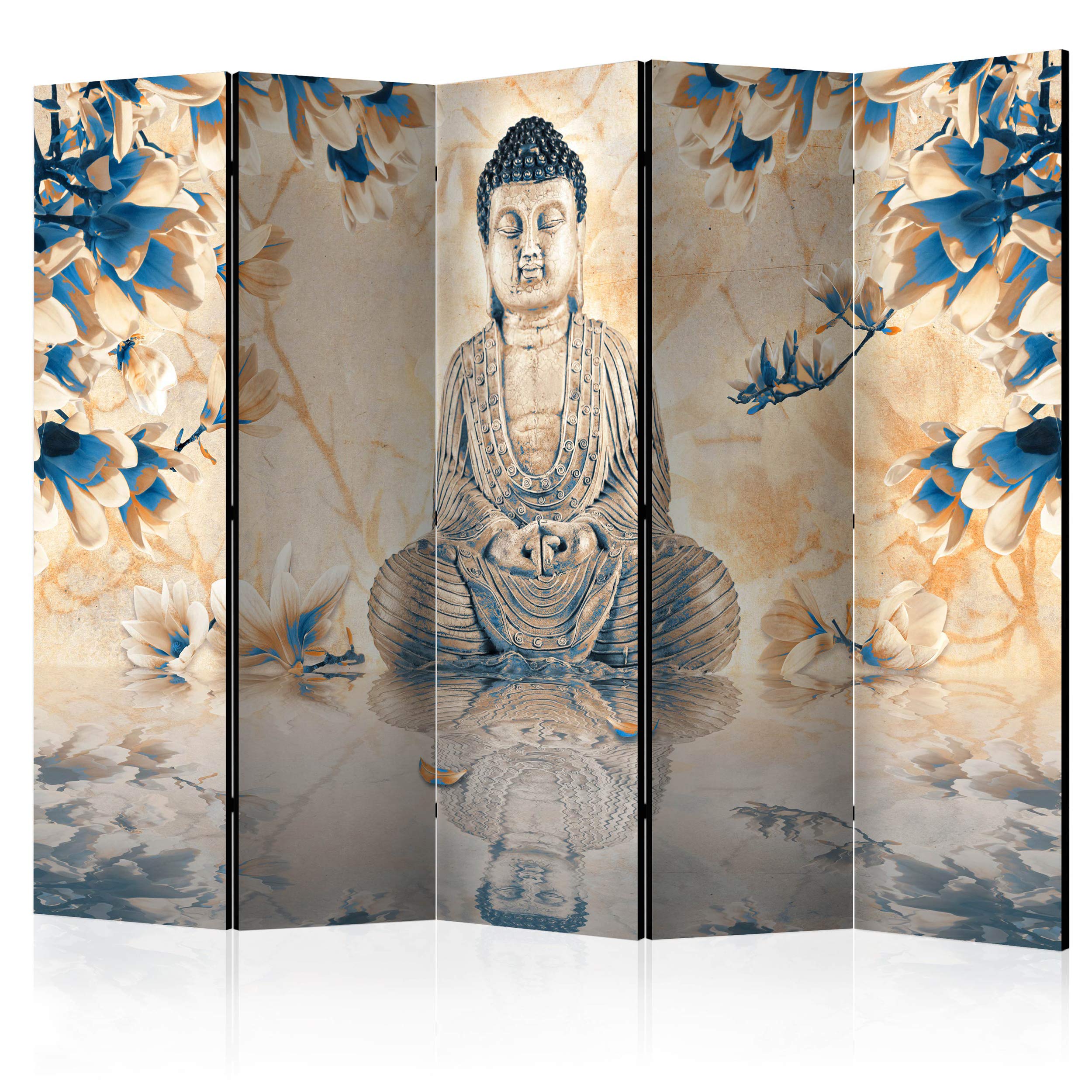 decomonkey Screen room divider interior Buddha 225x172 cm 5 Piece Double Sided Room Divider Wall Standing Partition Privacy Screen Spanish Wall Living Room Wood Zen Orient Flowers