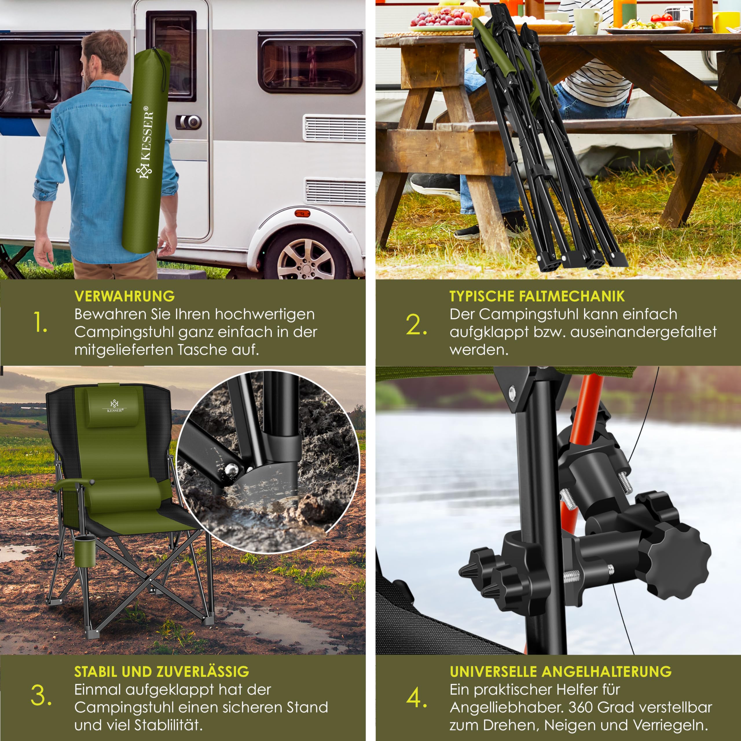 KESSER® Sedia da Campeggio Pieghevole Fino a 160 kg, Imbottita con Braccioli, Luce da Campeggio, Portabicchieri, Borsa con Schienale Alto, con Porta Canne da Pesca, Khaki/Nero