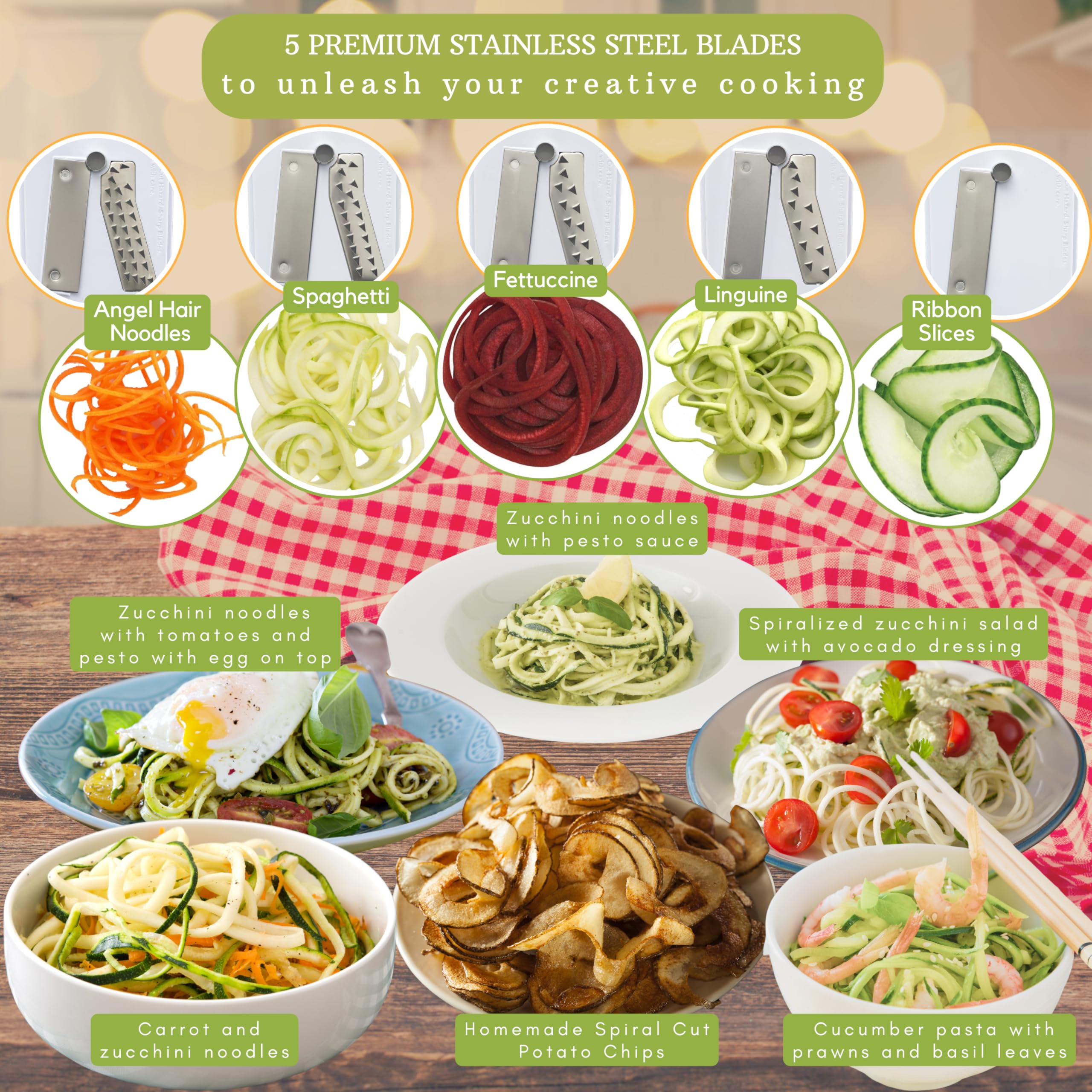 Râpe pour couper els légumes en spirale - 5 lames - Par Brieftons - BR-5B-02 Coupe-légume solide et robuste pour faire des spirales ou des spaghetti de légumes