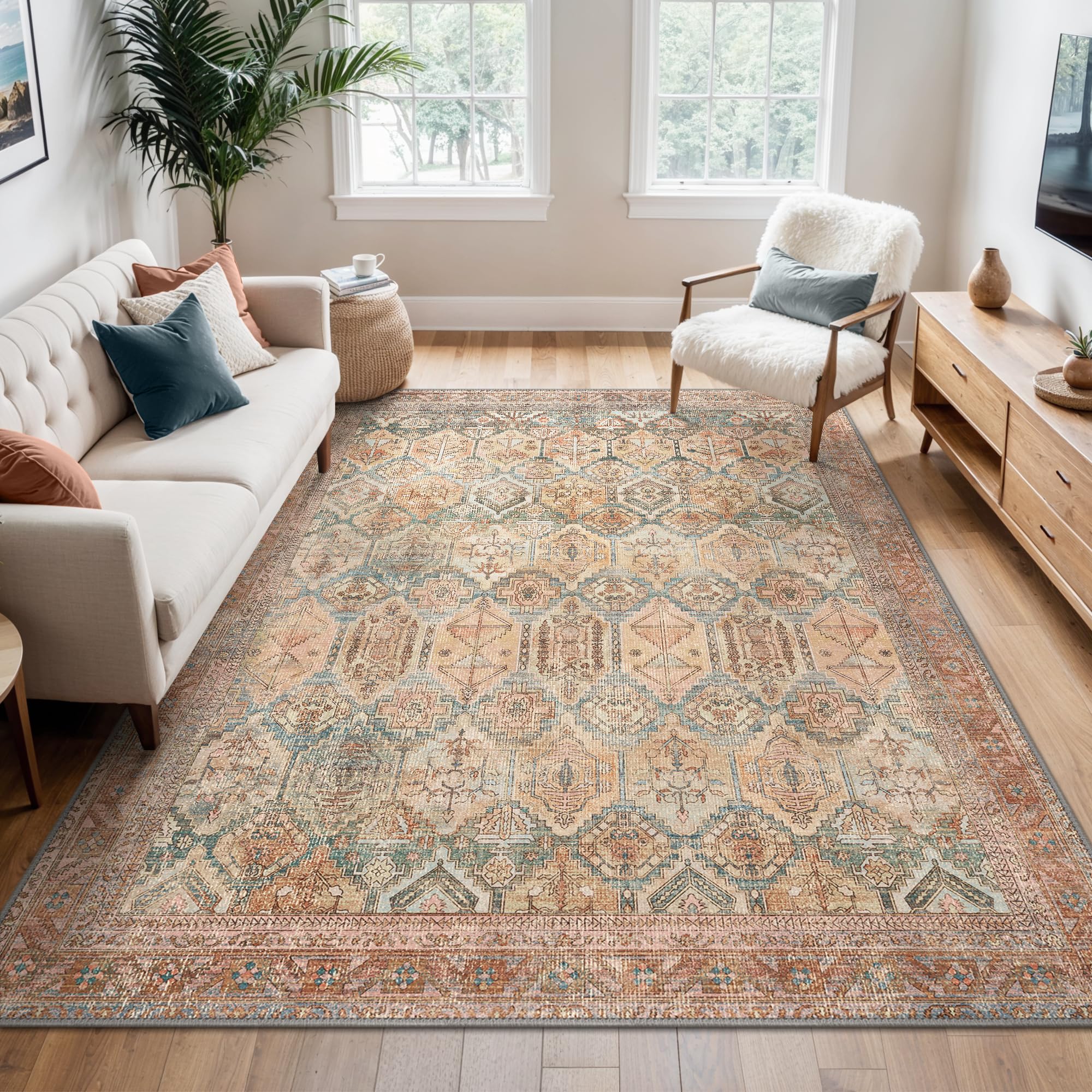 BEIMO Waschbarer Teppich Wohnzimmer Vintage, Boho Teppich Schlafzimmer Groß Orientalisch rutschfest für Badezimmer Esszimmer, Rotbraun, 160x230cm