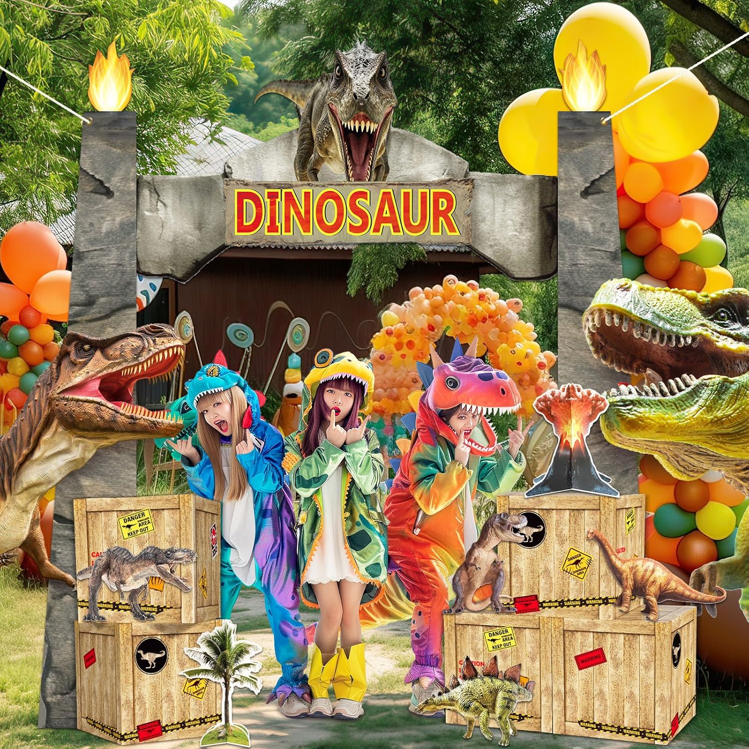 Dinosaur Birthday Party Decorations Dino Themed Door Banner Boxes Animal Park Party Porch Banner Dino Table Centerpieces Boxes Backdrop for Jungle Safari Boys Kids Photo Booth Props Favors Supplies