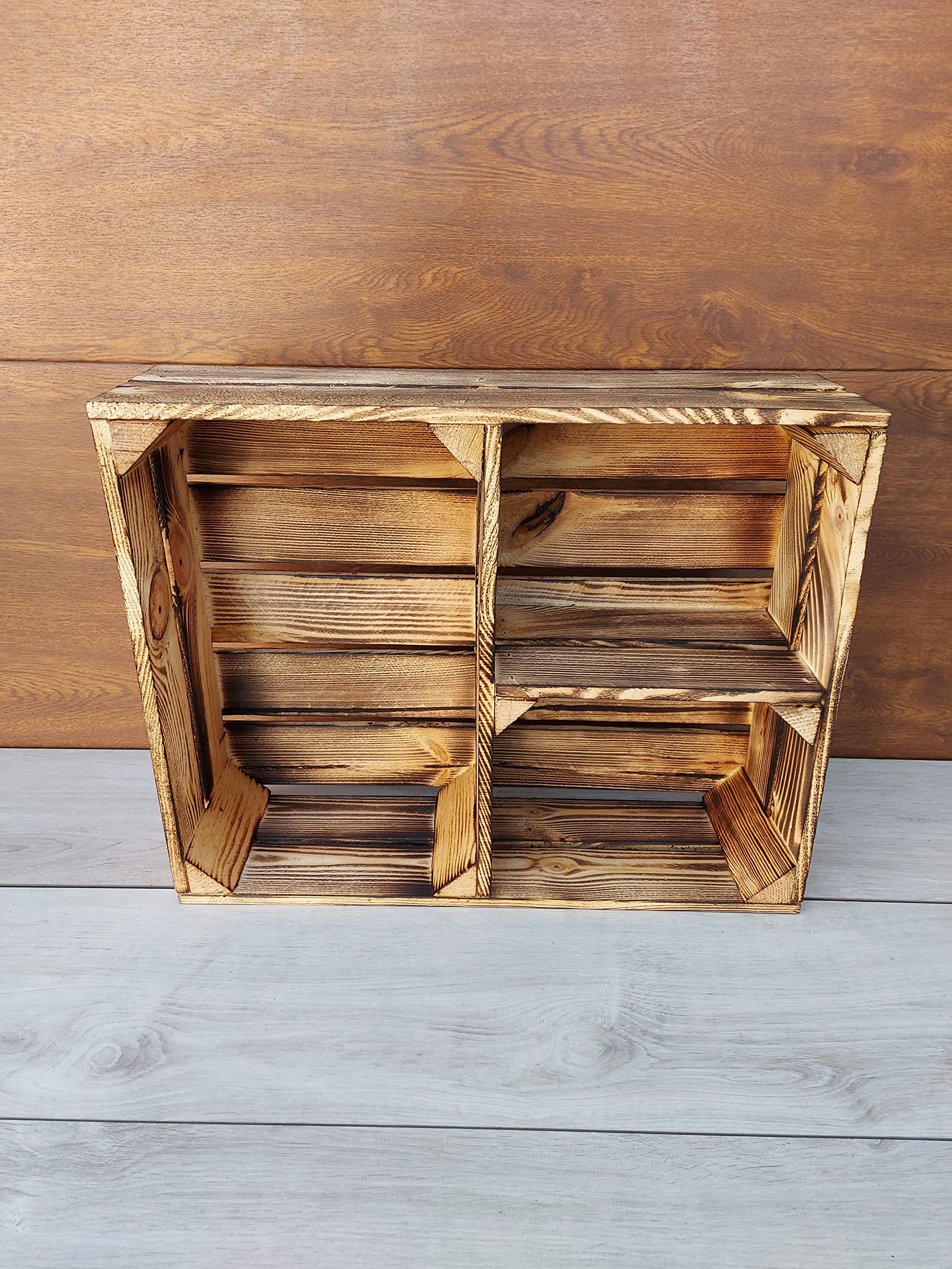 1,2,3,4,5,6,7,8 Solid&Strong NATURAL,BURNT EFFECT Storage Wooden Crates Fruit Boxes Shelves Decor - Clean ! (Crates cross burnt effect, 2)