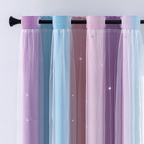 Miniatura 10 de Cortinas opacas con estrellas para habitaciones de niñas, cortinas de princesa para habitación de hija, ventana de dormitorio (morado y rosa,