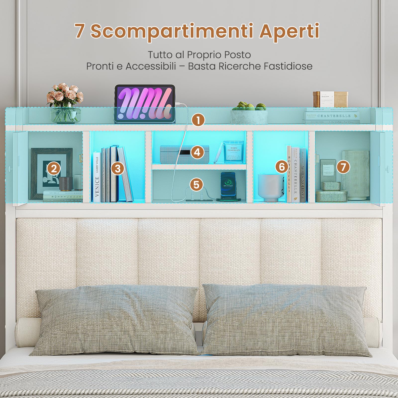AOGLLATI Letto Contenitore 90x200 cm con Sollevamento Idraulico, Letto Singolo con Luci LED e Porta USB, Sommier a Doghe in Legno, Testiera Imbottita Nero con 7 Vani Portaoggetti, Bianco