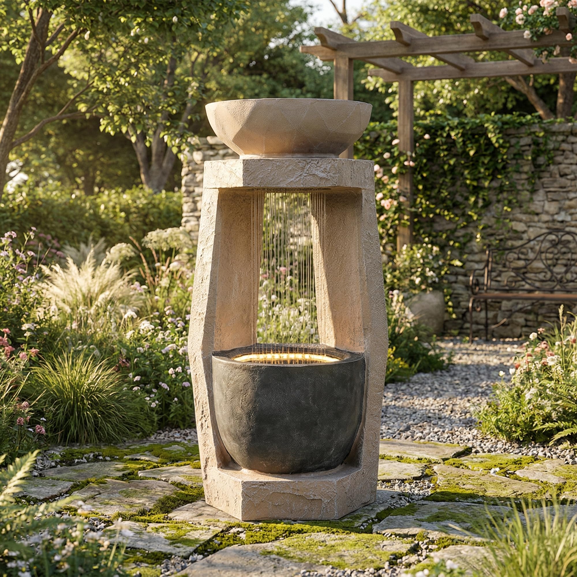 Gartenbrunnen, Brunnen Garten, Gartenbrunnen für Außen, Zimmerbrunnen mit LED-Beleuchtung, Wasserpumpe, Kunststein-Außenverkleidung & Zierbecken, für Garten, Terrasse (Beige)