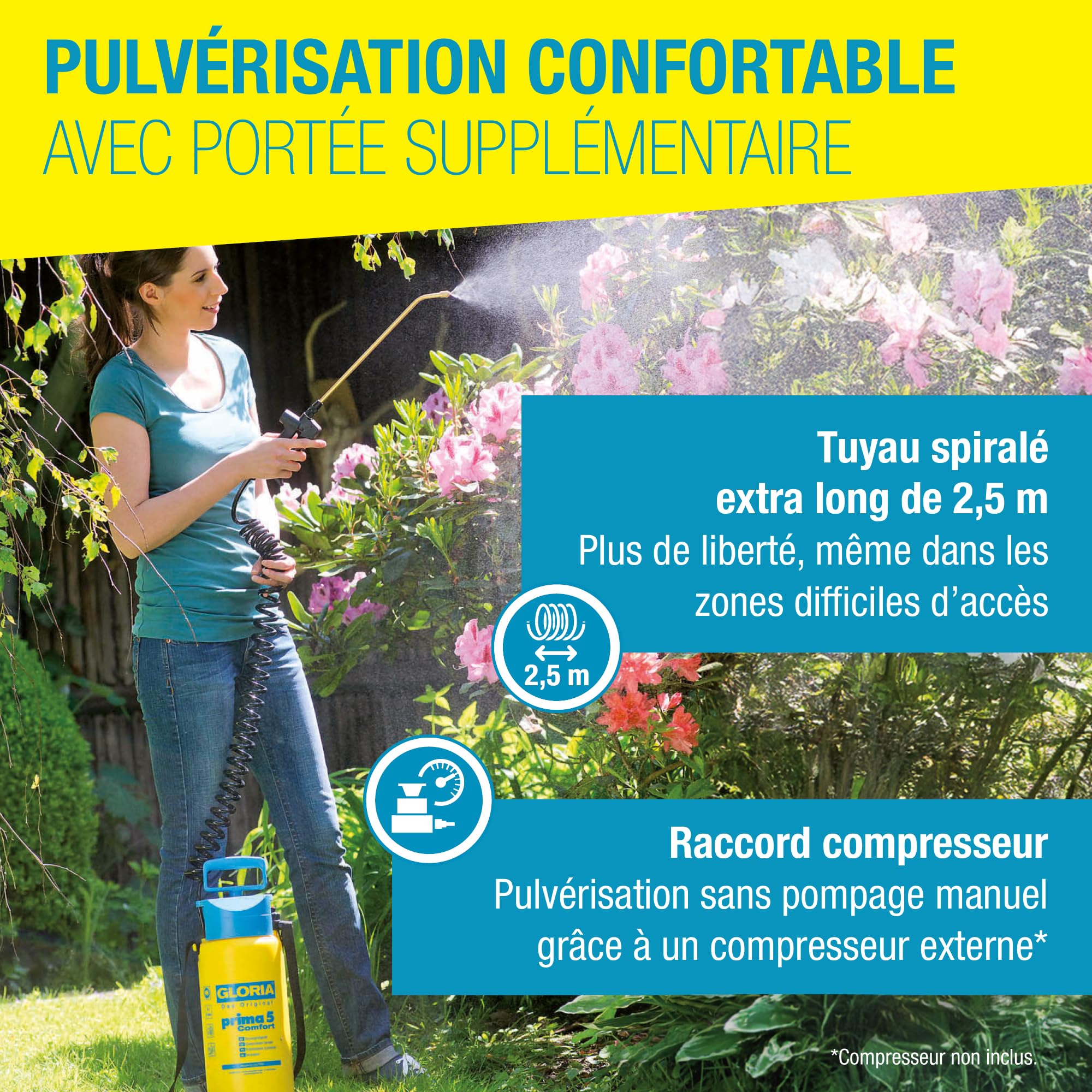 GLORIA Pulvérisateur de Jardin Prima 5 Comfort | Pulvérisateur à Pression 5 L | Tuyau spiralé 2,5 m & raccord compresseur | Désherbage, traitements & Engrais