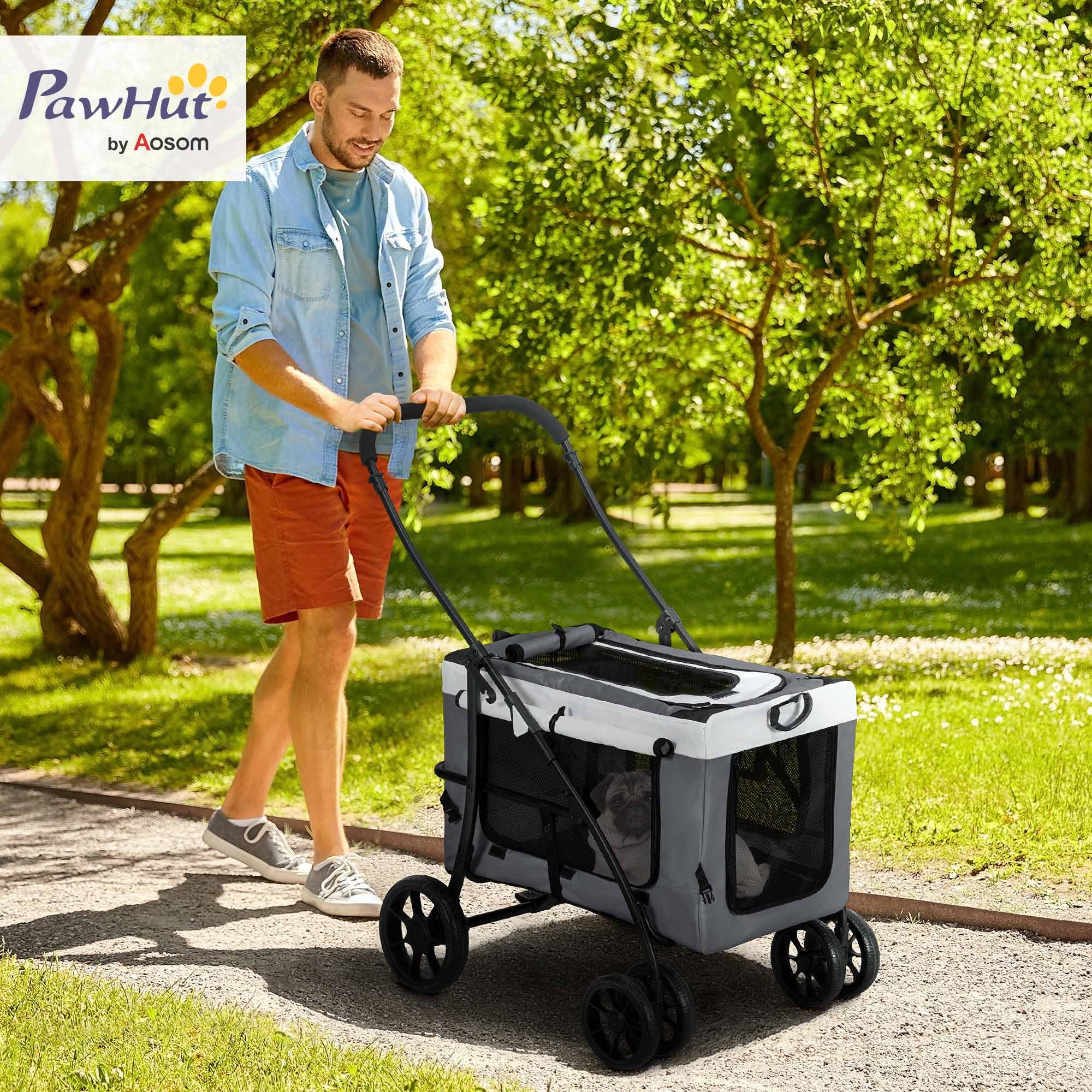 PawHut Poussette pliable animaux chien chat 2 en 1, nacelle amovible bandoulières 4 roues avec frein tissu 600D Oxford 81 x 58 x 97,5 cm gris