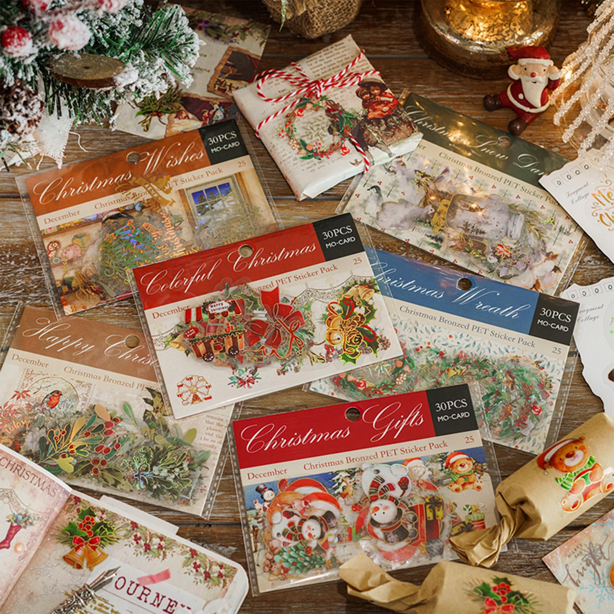 Christmas Stickers Gold foil Santa Claus Snowman Set(180 Pcs with 6 Themes)-Resin Transparent Waterproof Stickers,Christmas Decorations Gifts, Wreaths Stickers for Scrapbook, Cards, Journals