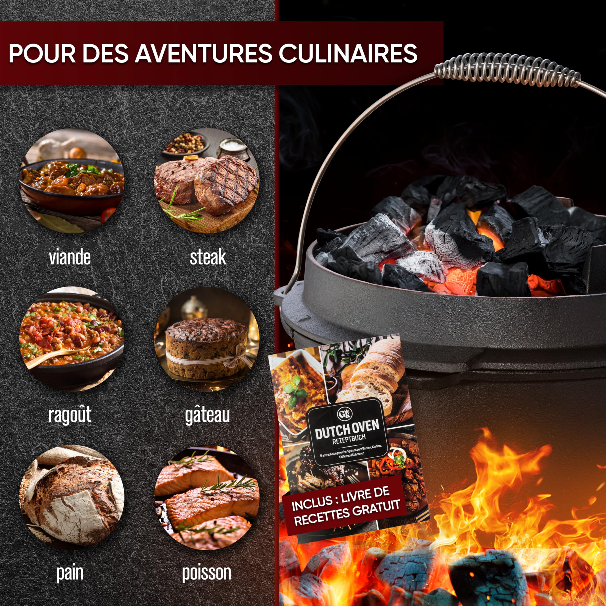 GUSSKÖNIG de four hollandais Ensemble- Dutch Oven de 12 Litres déjà culotté - Feuertopf en fonte sans pieds - Cocotte multifonction -avec lève-couvercle 2 en 1, brosse et livre de recettes Dutch Oven