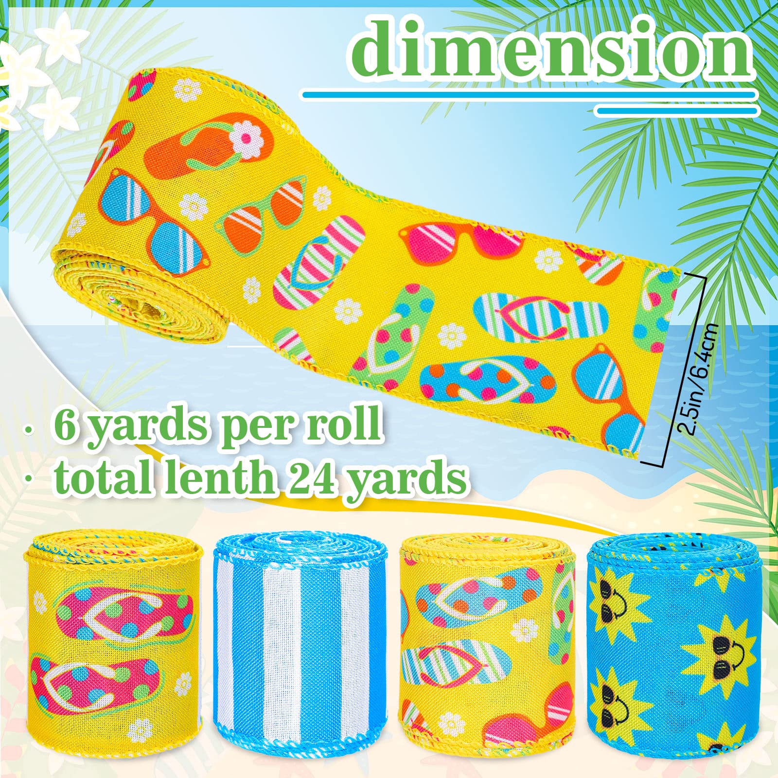 Summer Wired Ribbon 4 Rolls - Flip Flop & Sunshine Theme For DIY Crafts, Wreaths, Gift Wrapping - View #6