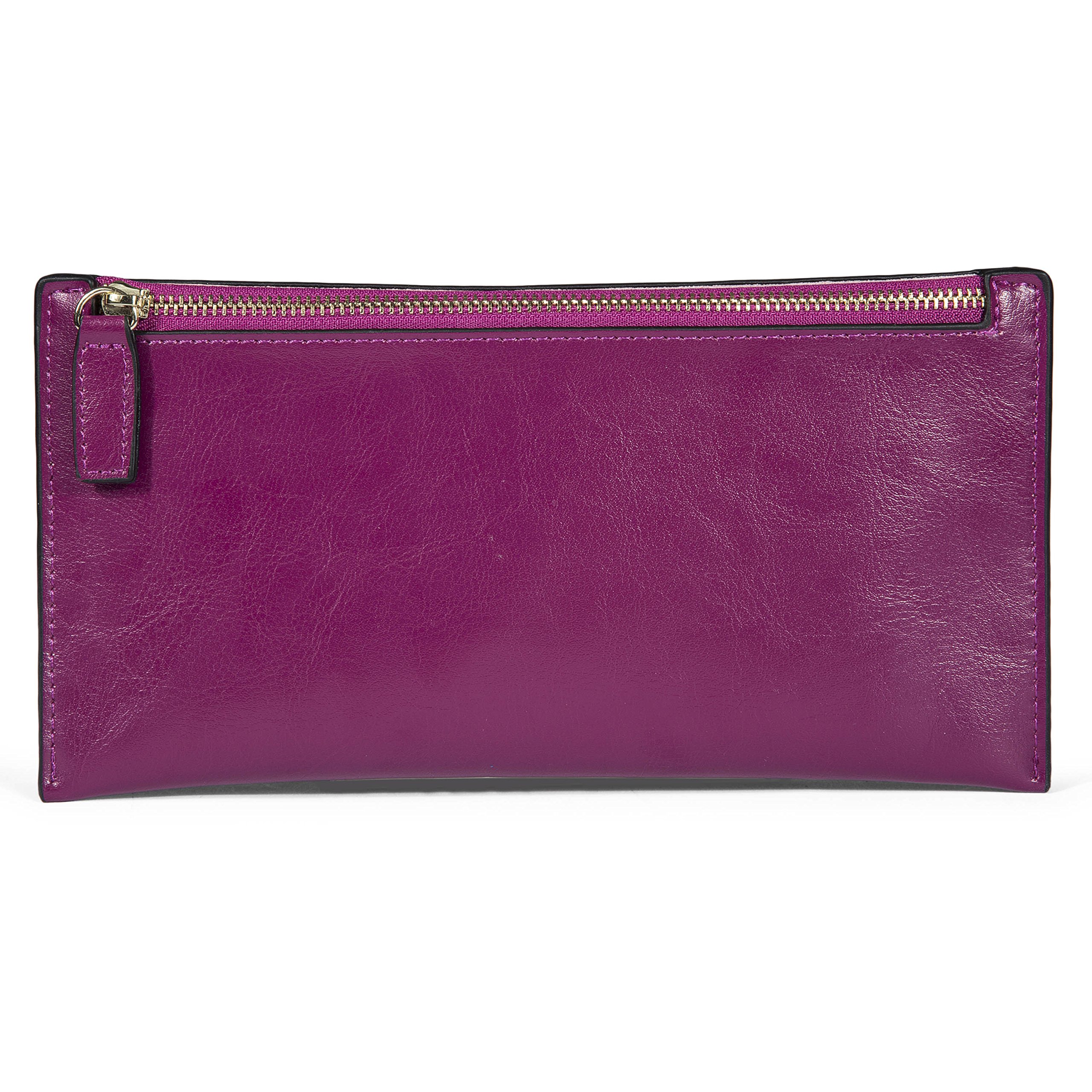 Genold Leather Long Wallet Zipper Clutch Coin Purse Slim Card Case Holder for Women with 8 Card Slots Fuchsia