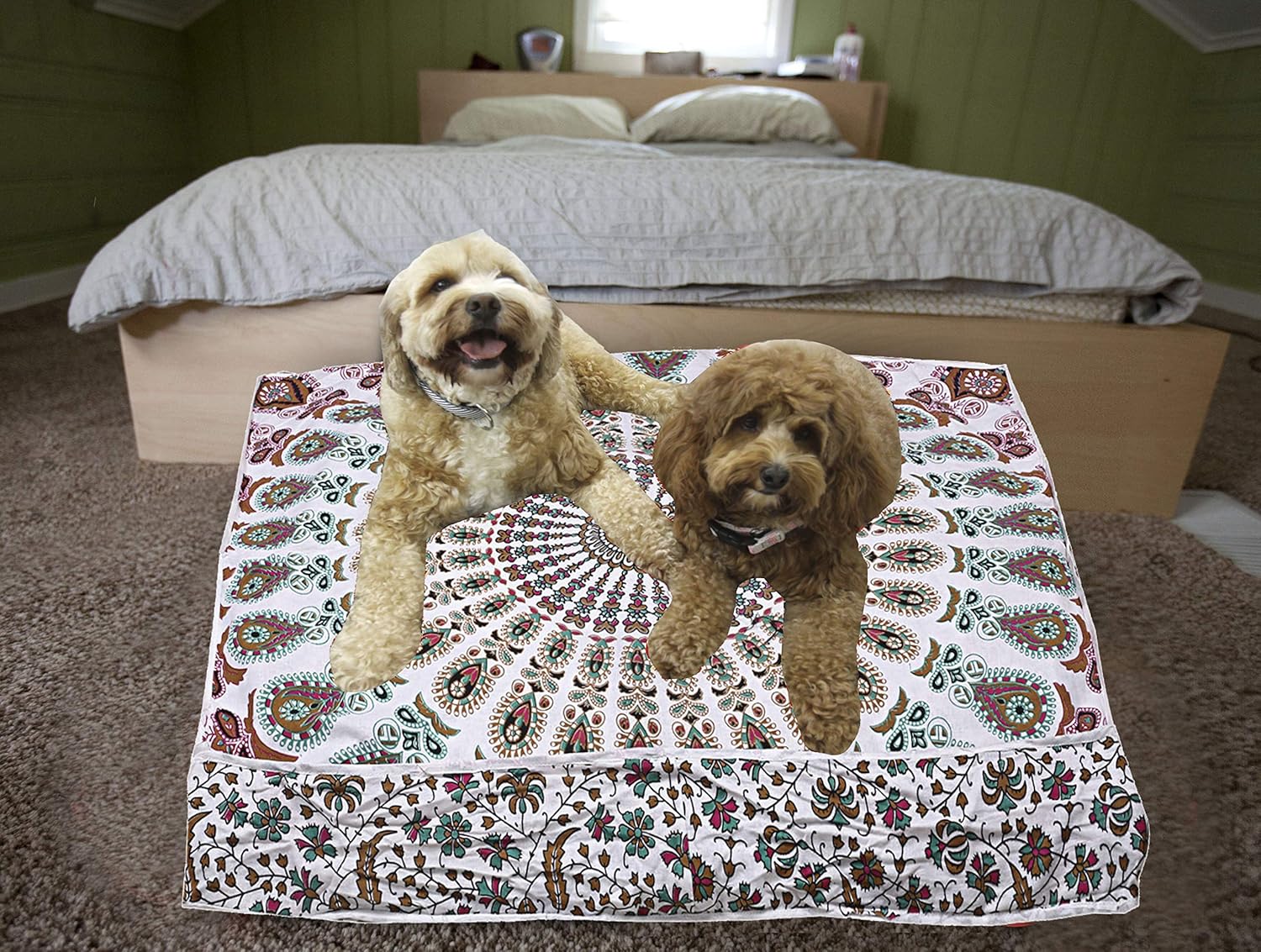 Peacock Print Mandala Dog Pouf Cover Indian Cotton Handmade Home Decor Bohemian Square Dog Pouf Hippie Bean Bags Pouf