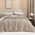Andency Fluffy Sherpa Queen Comforter Set, Super Soft Khaki Fleece Warm Bedding for Winter, Luxury Jacquard Boho Thick Fuzzy Plush Bed Set 3 Pieces(1 Shaggy Comforter, 2 Pillowcases)