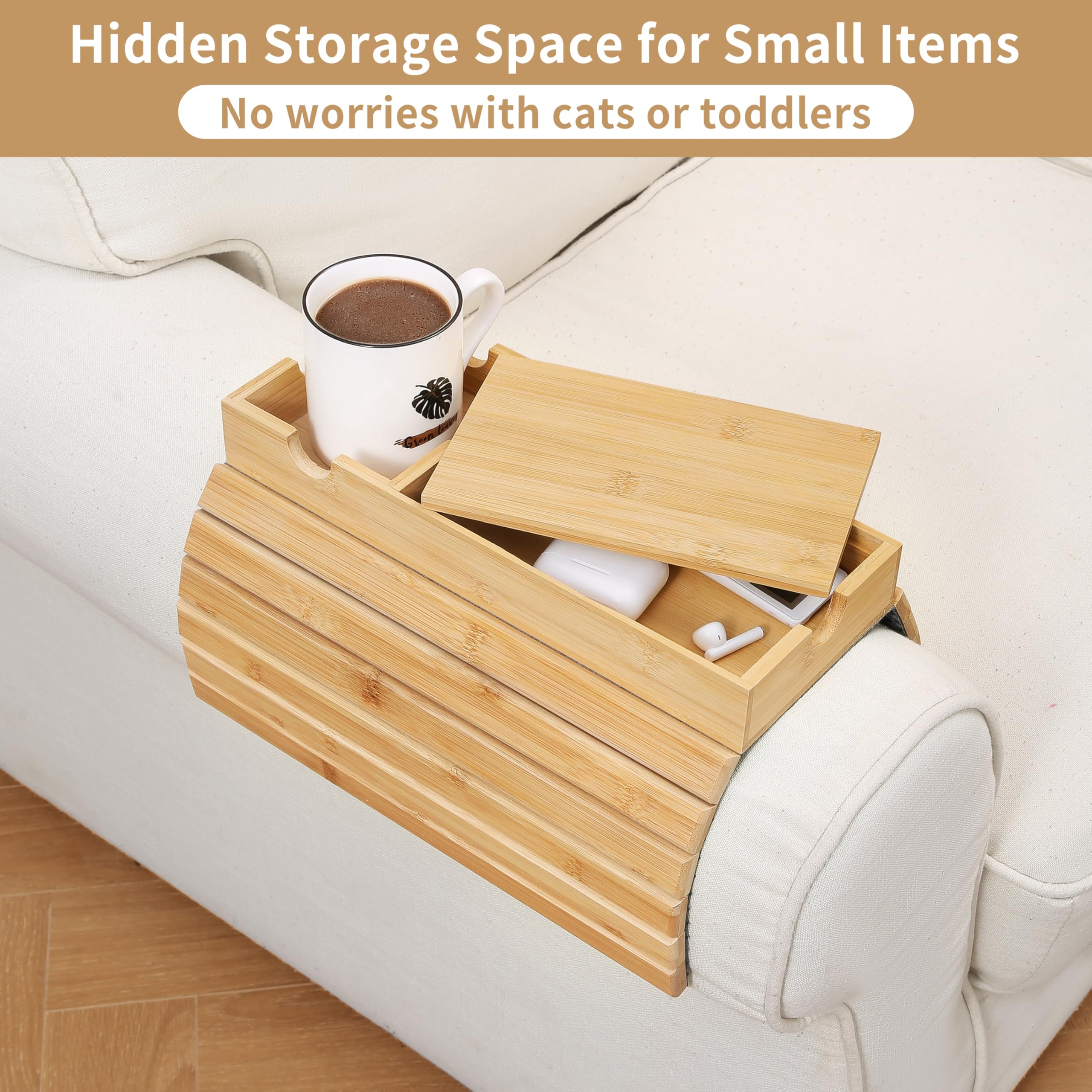 Sofa-Armlehnen Tablett, Bambus Großes Couch-Cup-Halter mit verstecktem Staufach, Tragbarer Anti-Verschütt-Getränke- und Snack-Halter für Fernbedienungen