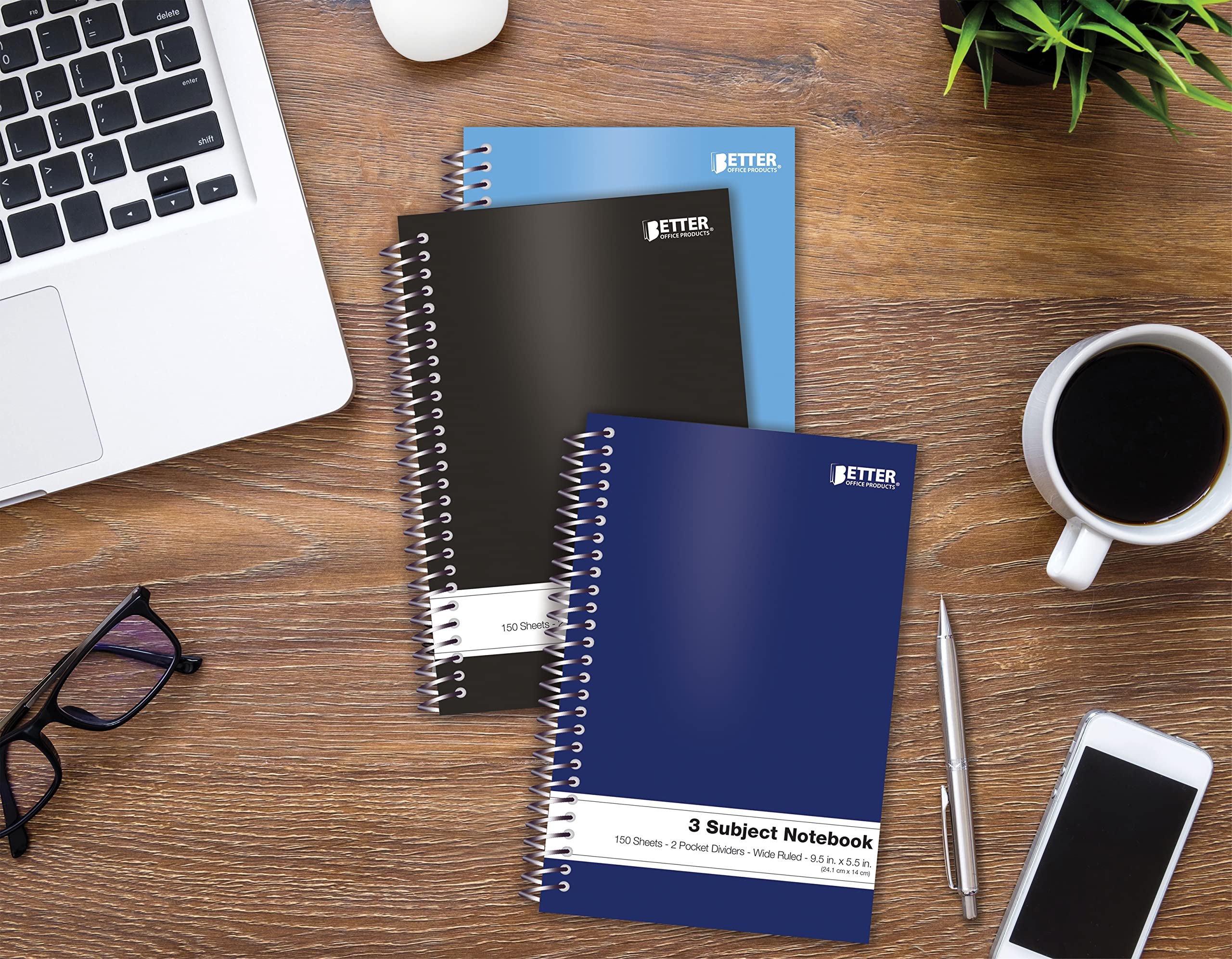 Better Office Products Lot de 6 cahiers à spirales pour 3 sujets, 24,1 x 14 cm, 150 feuilles avec 2 intercalaires de poche double face, couvertures de couleur unie assortie, par Better Office
