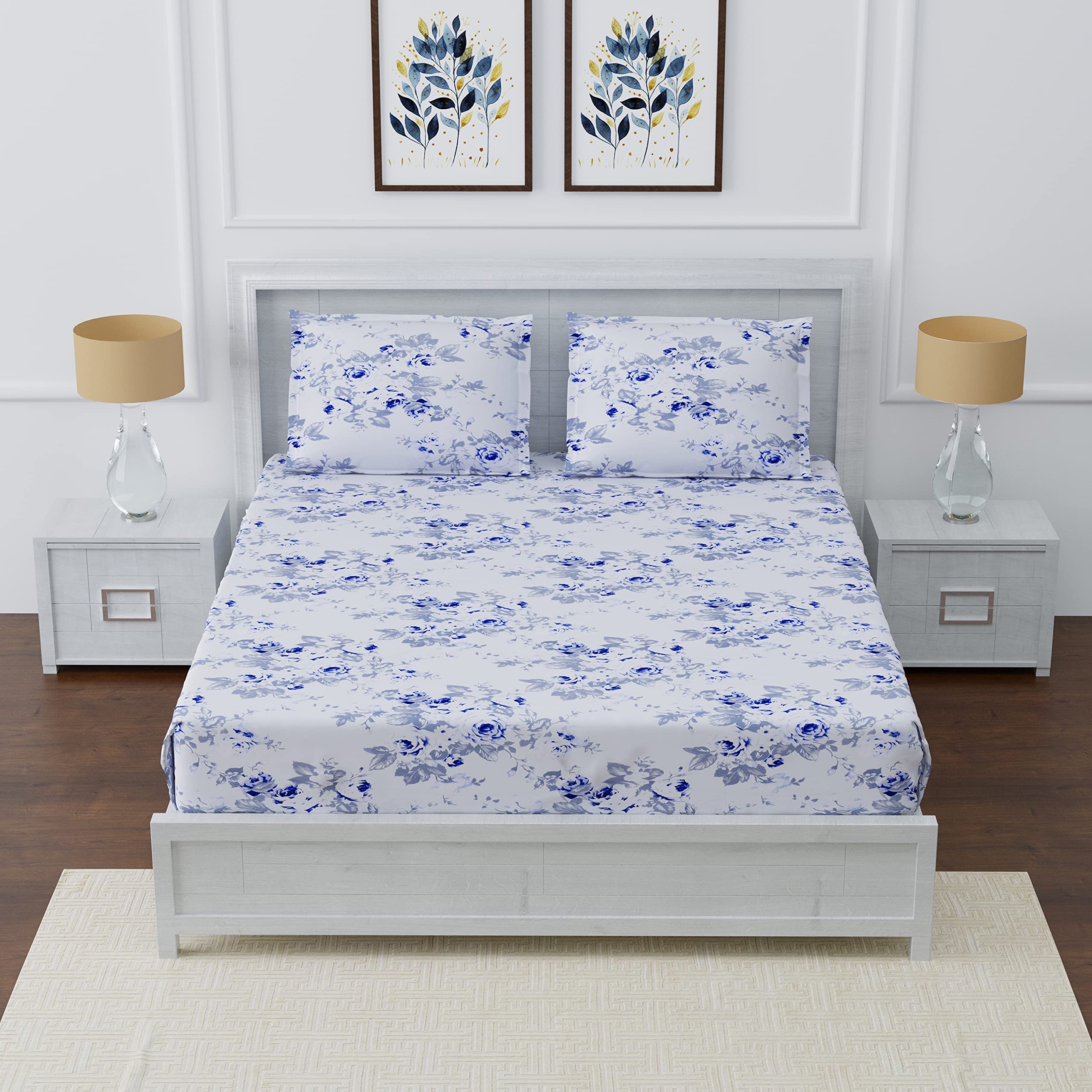 ACHIR 180 TC Fitted 100% Cotton Premium Printed Double Size Bedsheet (72x72 Inches) with 2 Pillow Covers, Blue & Grey-image-44