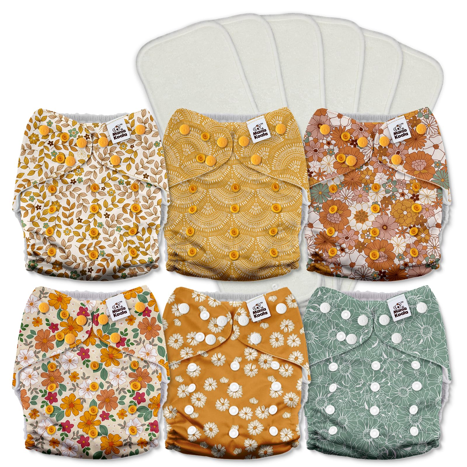 Mama Koala 3.0 Pocket Cloth Diapers for Babies with AWJ Lining, 6 Pack with 6 5-Layer Natural Cloth Diaper Inserts - Reusable and Washable Pocket Diapers(A-Little Daisies)